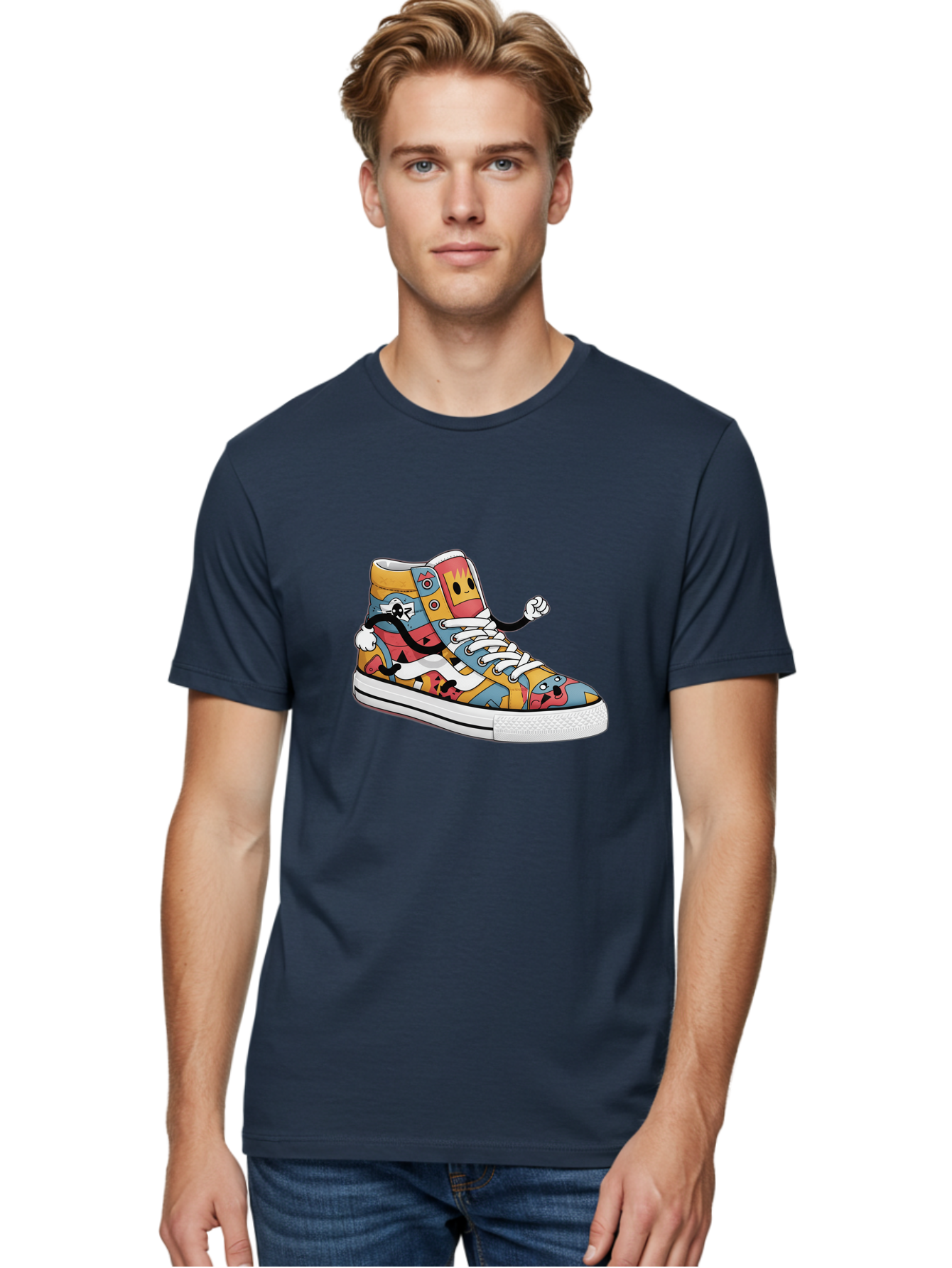 Sneaker Men'S Graphic Tee, 100% Cotton, Comfortable Casual Summer Wear, Machine Washable, Sneaker With Emojis, Cartoon Shoe, Colorful Footwear, Playful Design, Funky Style, Emoji Fashion, Streetwear, Animated Sneaker, Vibrant Colors Bab430