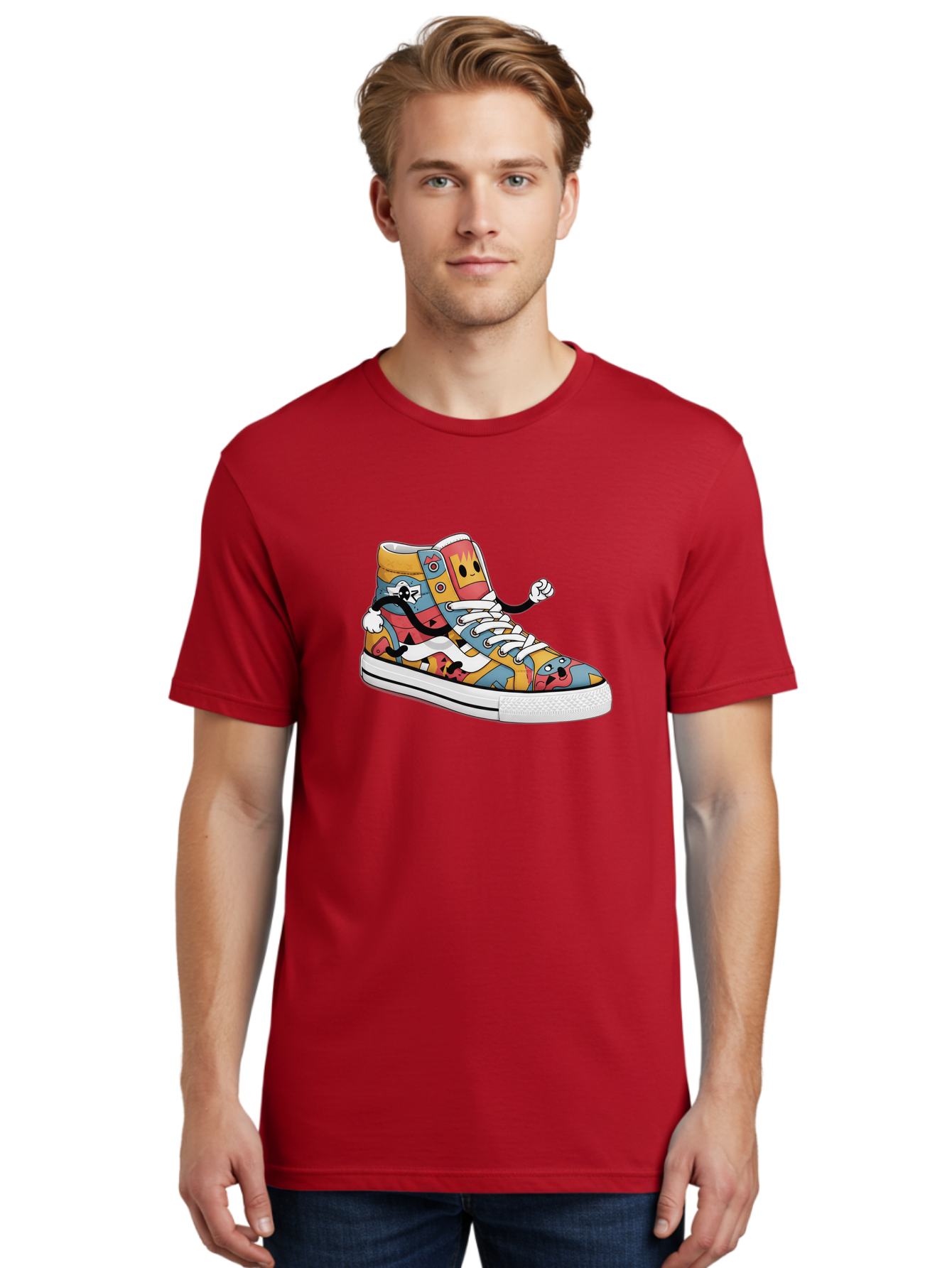 Sneaker Men'S Graphic Tee, 100% Cotton, Comfortable Casual Summer Wear, Machine Washable, Sneaker With Emojis, Cartoon Shoe, Colorful Footwear, Playful Design, Funky Style, Emoji Fashion, Streetwear, Animated Sneaker, Vibrant Colors Bab430