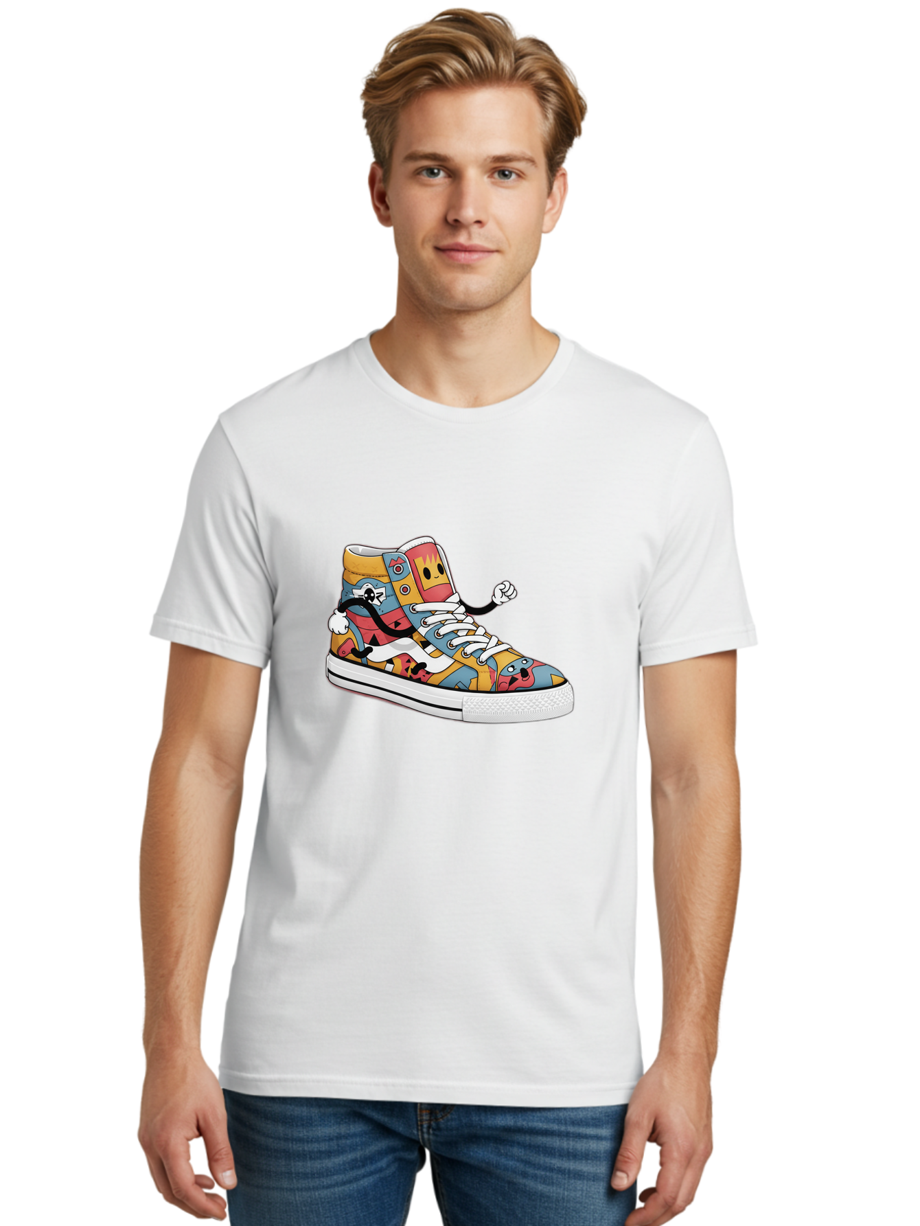 Sneaker Men'S Graphic Tee, 100% Cotton, Comfortable Casual Summer Wear, Machine Washable, Sneaker With Emojis, Cartoon Shoe, Colorful Footwear, Playful Design, Funky Style, Emoji Fashion, Streetwear, Animated Sneaker, Vibrant Colors Bab430