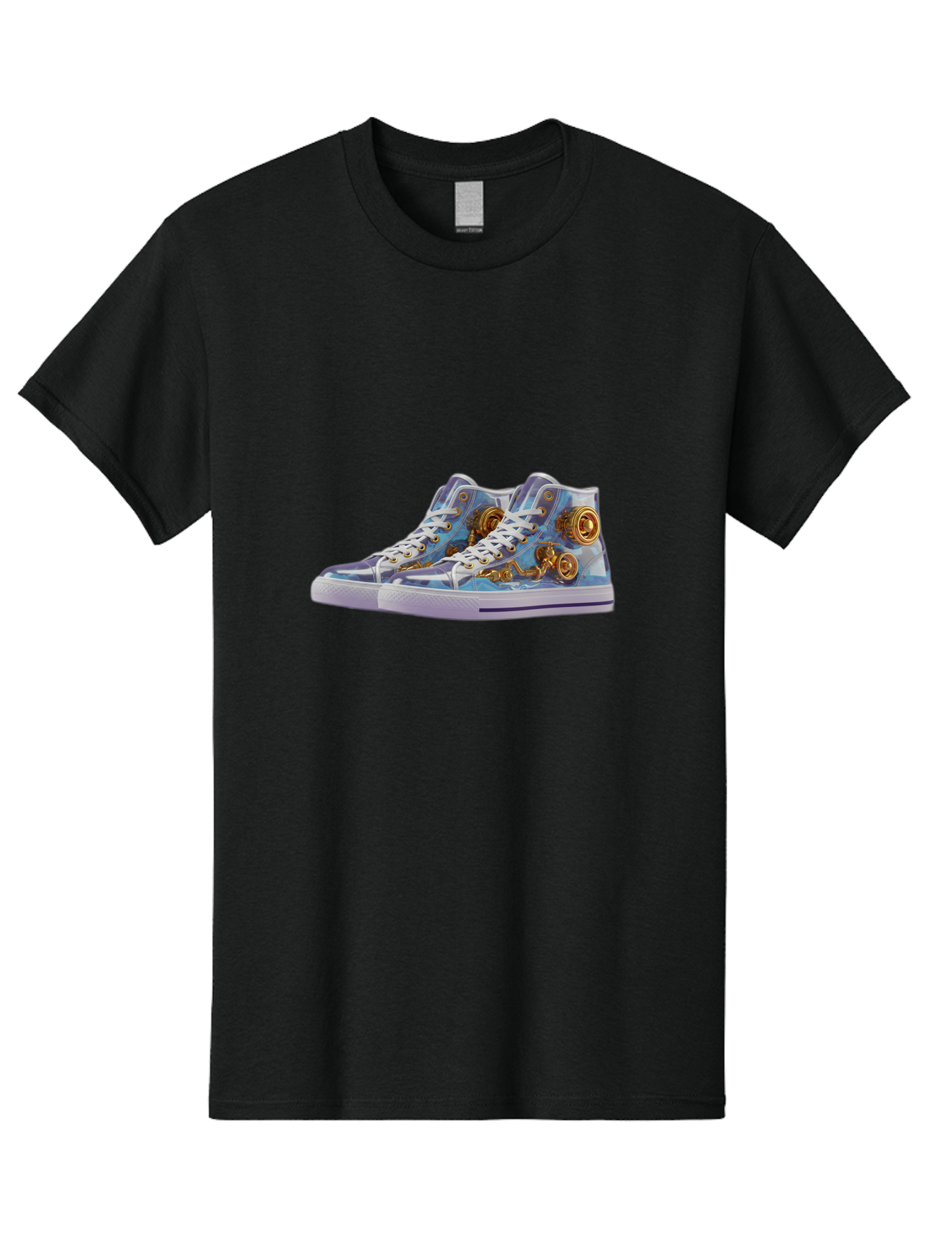 Sneakers-With-Gear-Pattern Men'S Graphic Tee, 100% Cotton, Comfortable Casual Summer Wear, Machine Washable, High-Top Sneakers, Blue And Purple Swirl, Gold Gears, Mechanical Design, White Laces, Fashion Footwear, Statement Shoes, Streetwear, Bab431