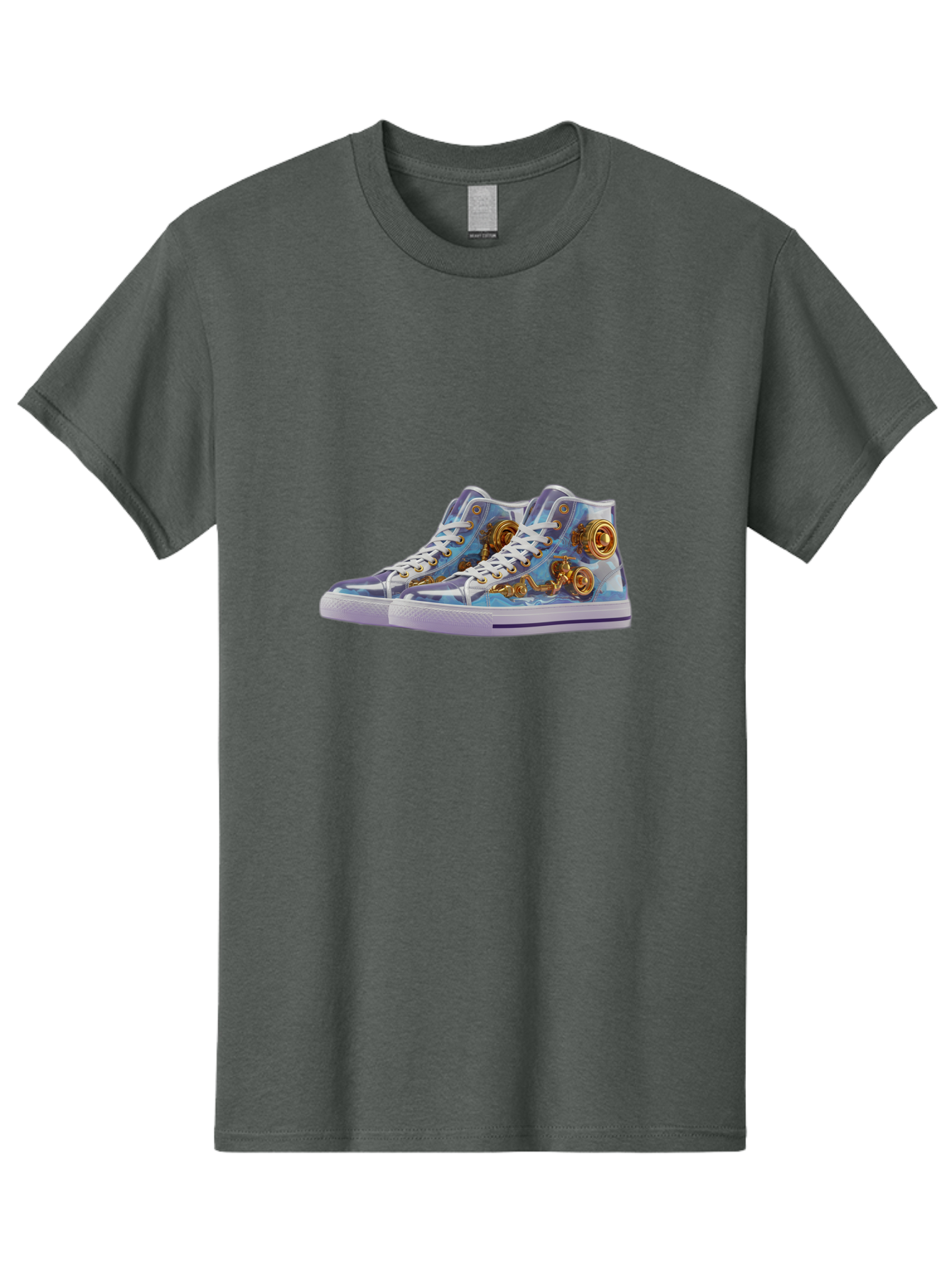 Sneakers-With-Gear-Pattern Men'S Graphic Tee, 100% Cotton, Comfortable Casual Summer Wear, Machine Washable, High-Top Sneakers, Blue And Purple Swirl, Gold Gears, Mechanical Design, White Laces, Fashion Footwear, Statement Shoes, Streetwear, Bab431