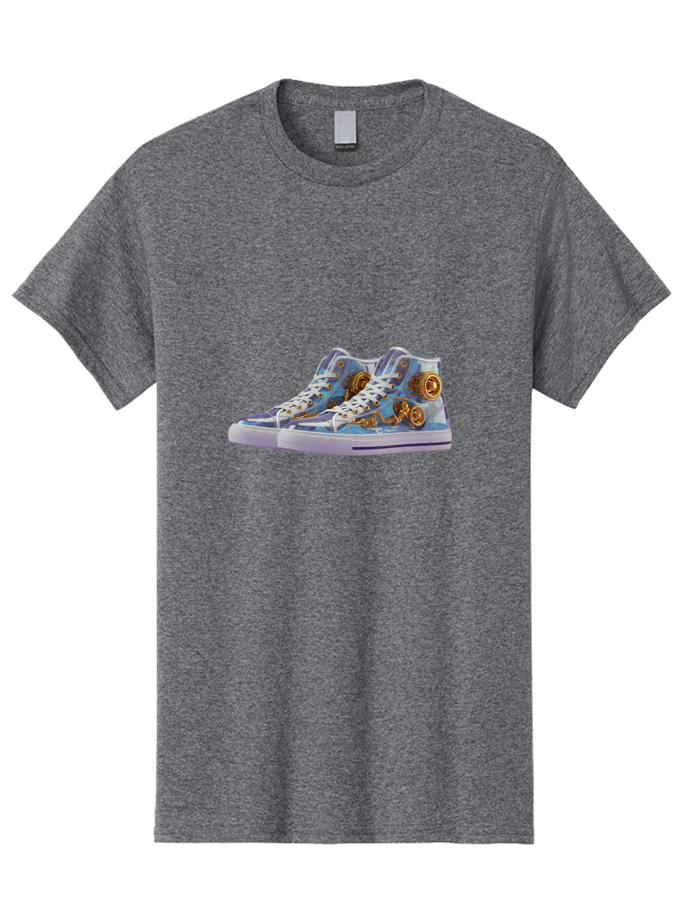 Sneakers-With-Gear-Pattern Men'S Graphic Tee, 100% Cotton, Comfortable Casual Summer Wear, Machine Washable, High-Top Sneakers, Blue And Purple Swirl, Gold Gears, Mechanical Design, White Laces, Fashion Footwear, Statement Shoes, Streetwear, Bab431