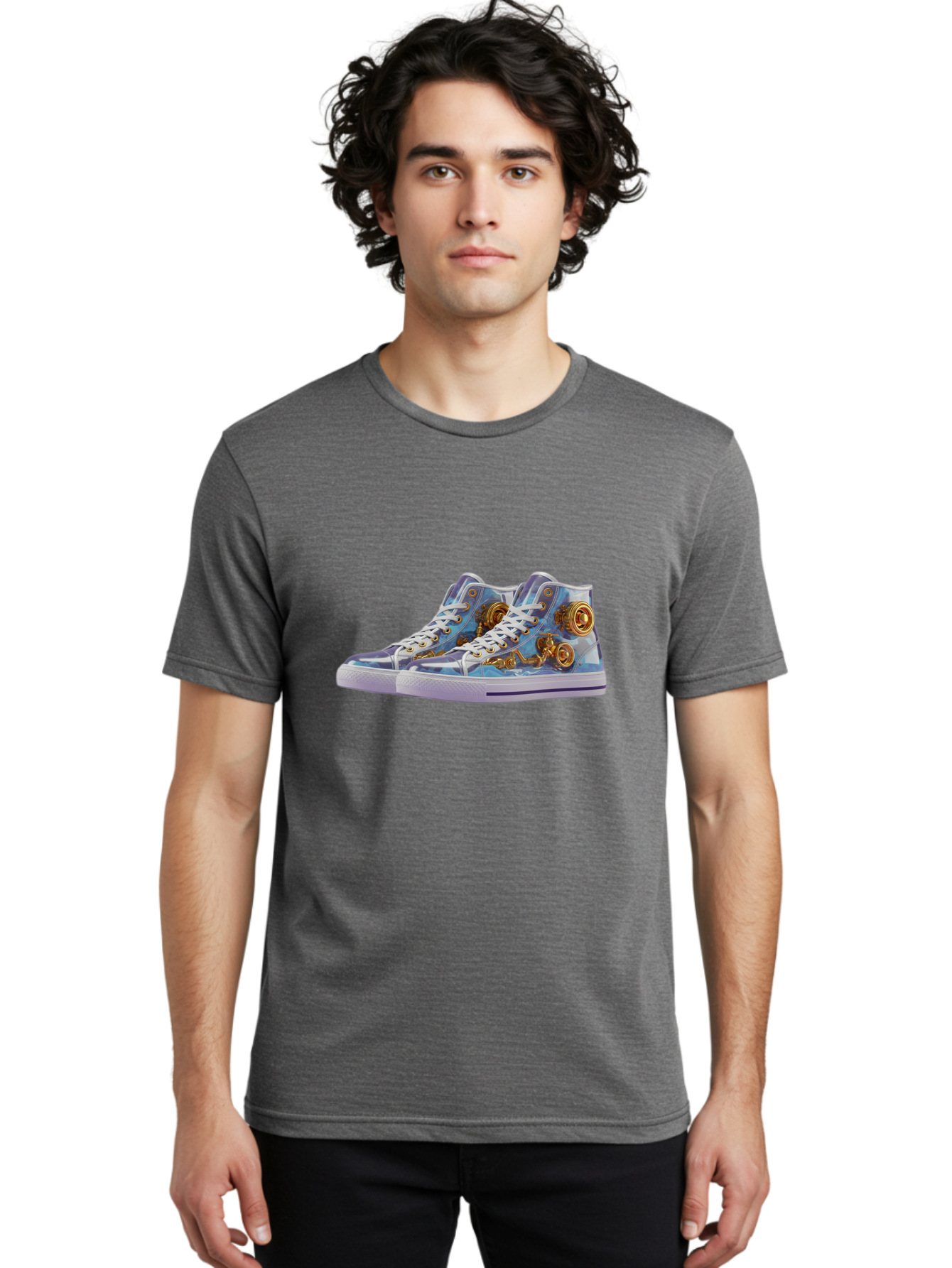Sneakers-With-Gear-Pattern Men'S Graphic Tee, 100% Cotton, Comfortable Casual Summer Wear, Machine Washable, High-Top Sneakers, Blue And Purple Swirl, Gold Gears, Mechanical Design, White Laces, Fashion Footwear, Statement Shoes, Streetwear, Bab431