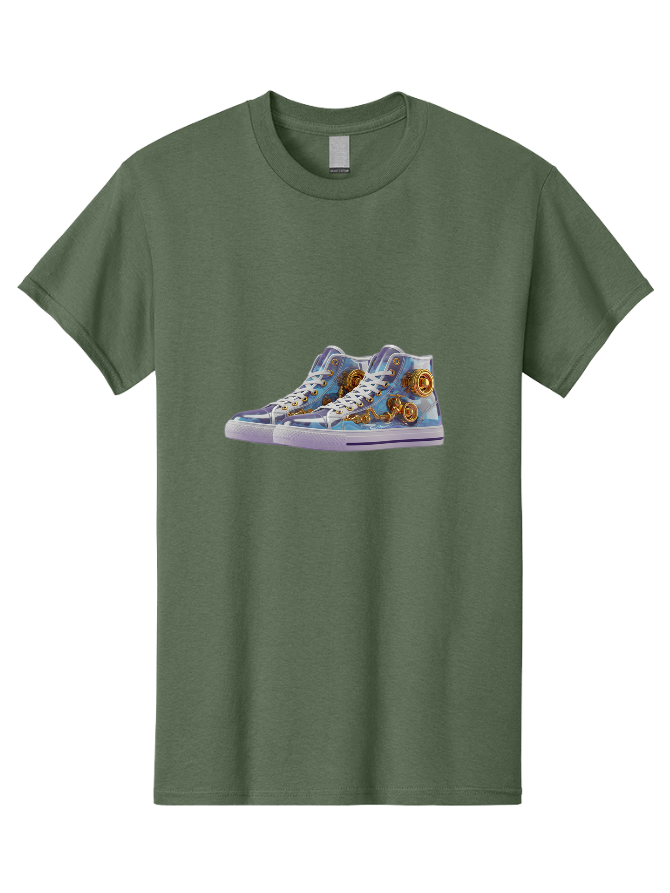 Sneakers-With-Gear-Pattern Men'S Graphic Tee, 100% Cotton, Comfortable Casual Summer Wear, Machine Washable, High-Top Sneakers, Blue And Purple Swirl, Gold Gears, Mechanical Design, White Laces, Fashion Footwear, Statement Shoes, Streetwear, Bab431