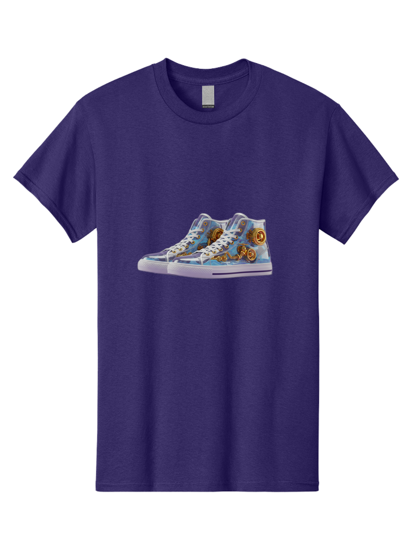 Sneakers-With-Gear-Pattern Men'S Graphic Tee, 100% Cotton, Comfortable Casual Summer Wear, Machine Washable, High-Top Sneakers, Blue And Purple Swirl, Gold Gears, Mechanical Design, White Laces, Fashion Footwear, Statement Shoes, Streetwear, Bab431