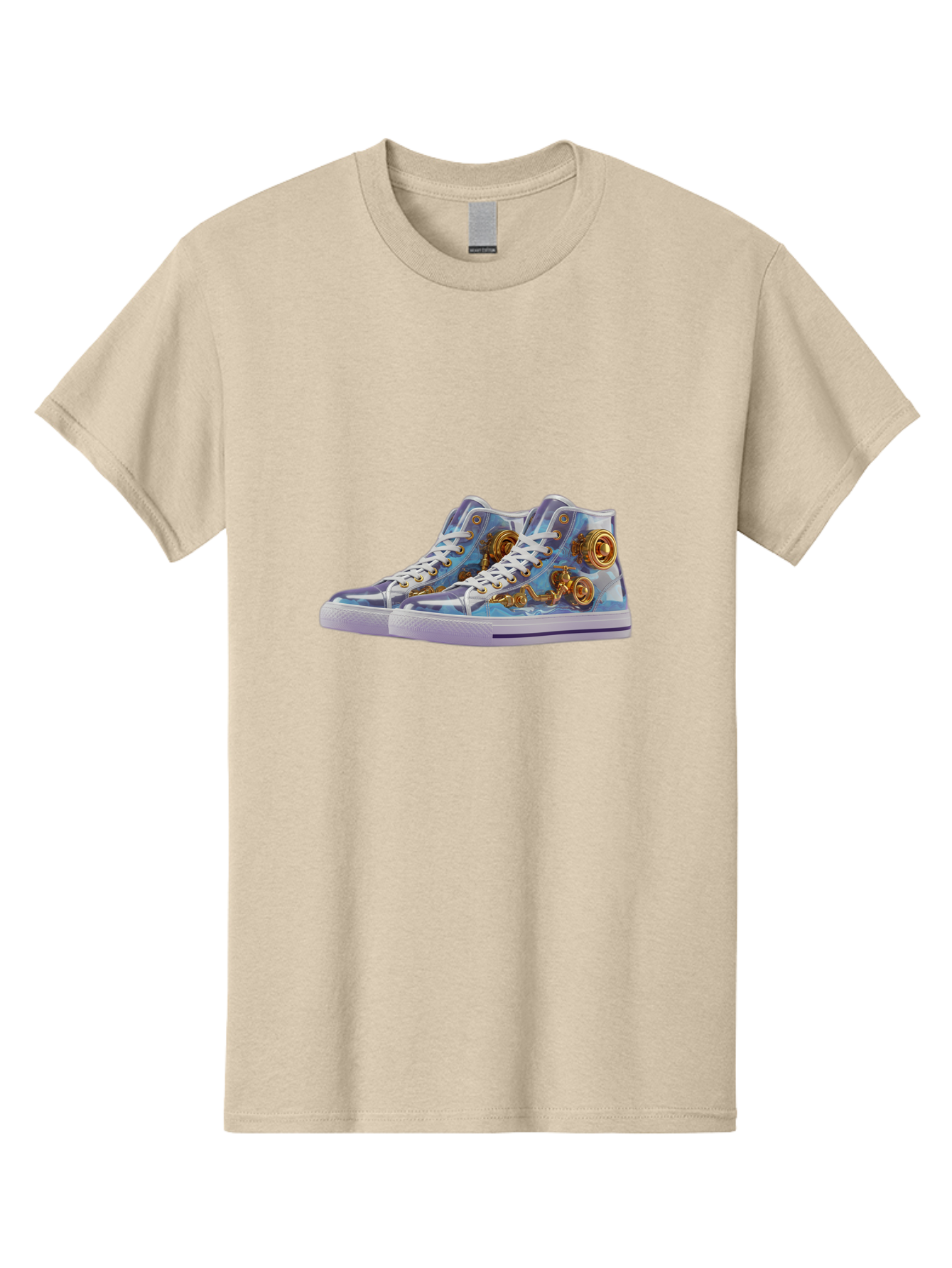 Sneakers-With-Gear-Pattern Men'S Graphic Tee, 100% Cotton, Comfortable Casual Summer Wear, Machine Washable, High-Top Sneakers, Blue And Purple Swirl, Gold Gears, Mechanical Design, White Laces, Fashion Footwear, Statement Shoes, Streetwear, Bab431