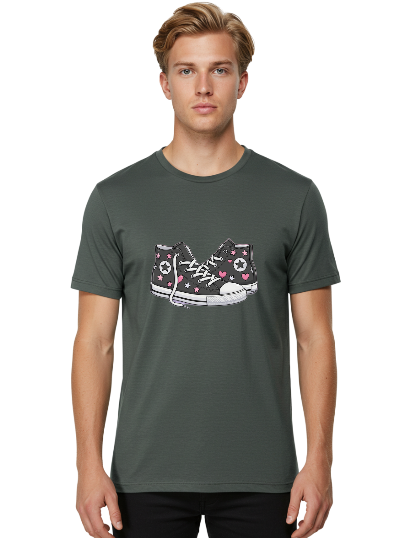 Sneakers-With-Stars-And-Hearts Men'S Graphic Tee, 100% Cotton, Comfortable Casual Summer Wear, Machine Washable, Custom Sneakers, Star And Heart Designs, Fashion Footwear, Casual Wear, Pink And White Accents, Sneaker Art, Street Style, Bab432