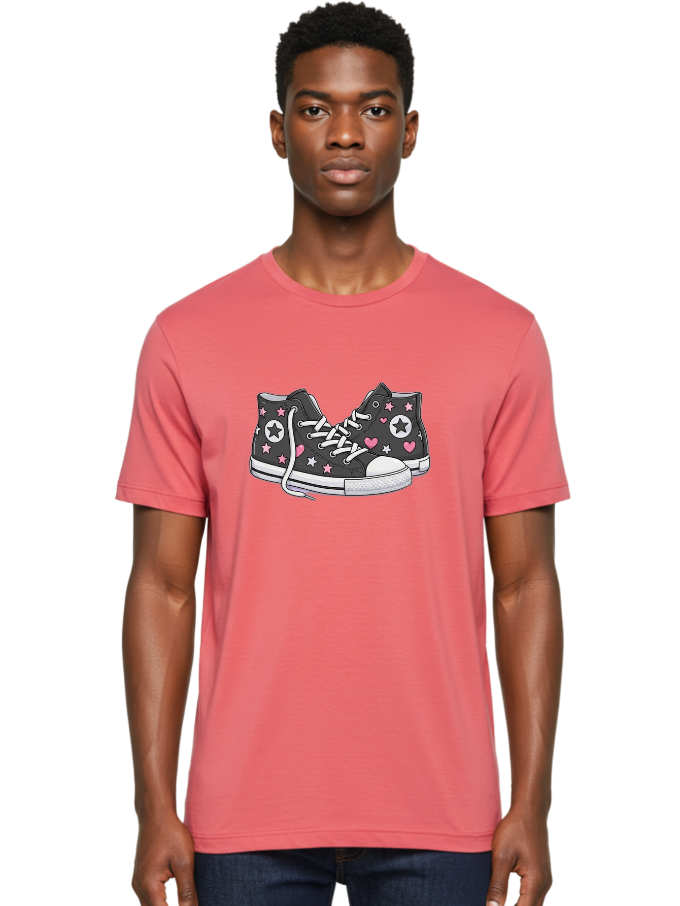 Sneakers-With-Stars-And-Hearts Men'S Graphic Tee, 100% Cotton, Comfortable Casual Summer Wear, Machine Washable, Custom Sneakers, Star And Heart Designs, Fashion Footwear, Casual Wear, Pink And White Accents, Sneaker Art, Street Style, Bab432