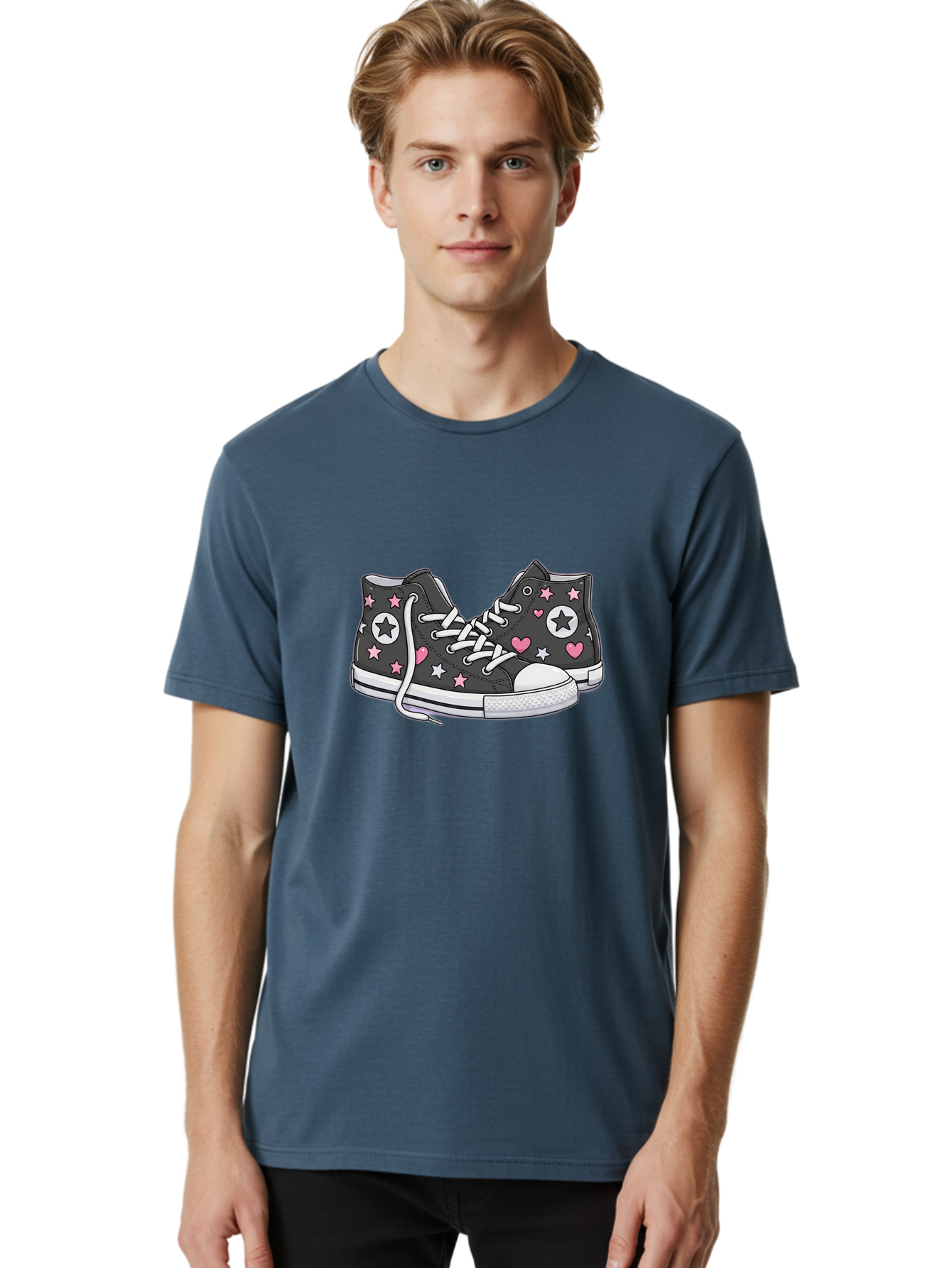 Sneakers-With-Stars-And-Hearts Men'S Graphic Tee, 100% Cotton, Comfortable Casual Summer Wear, Machine Washable, Custom Sneakers, Star And Heart Designs, Fashion Footwear, Casual Wear, Pink And White Accents, Sneaker Art, Street Style, Bab432