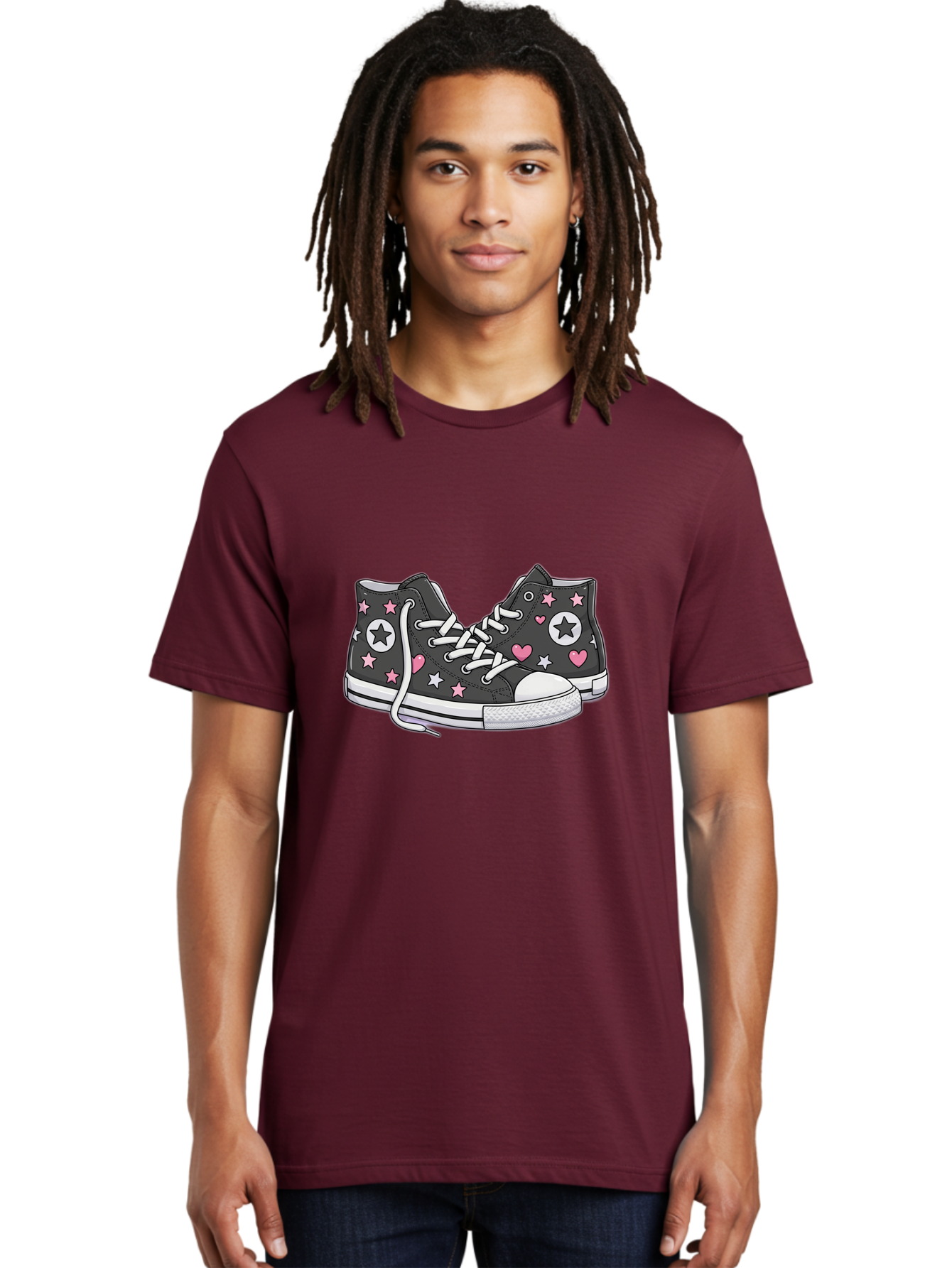 Sneakers-With-Stars-And-Hearts Men'S Graphic Tee, 100% Cotton, Comfortable Casual Summer Wear, Machine Washable, Custom Sneakers, Star And Heart Designs, Fashion Footwear, Casual Wear, Pink And White Accents, Sneaker Art, Street Style, Bab432