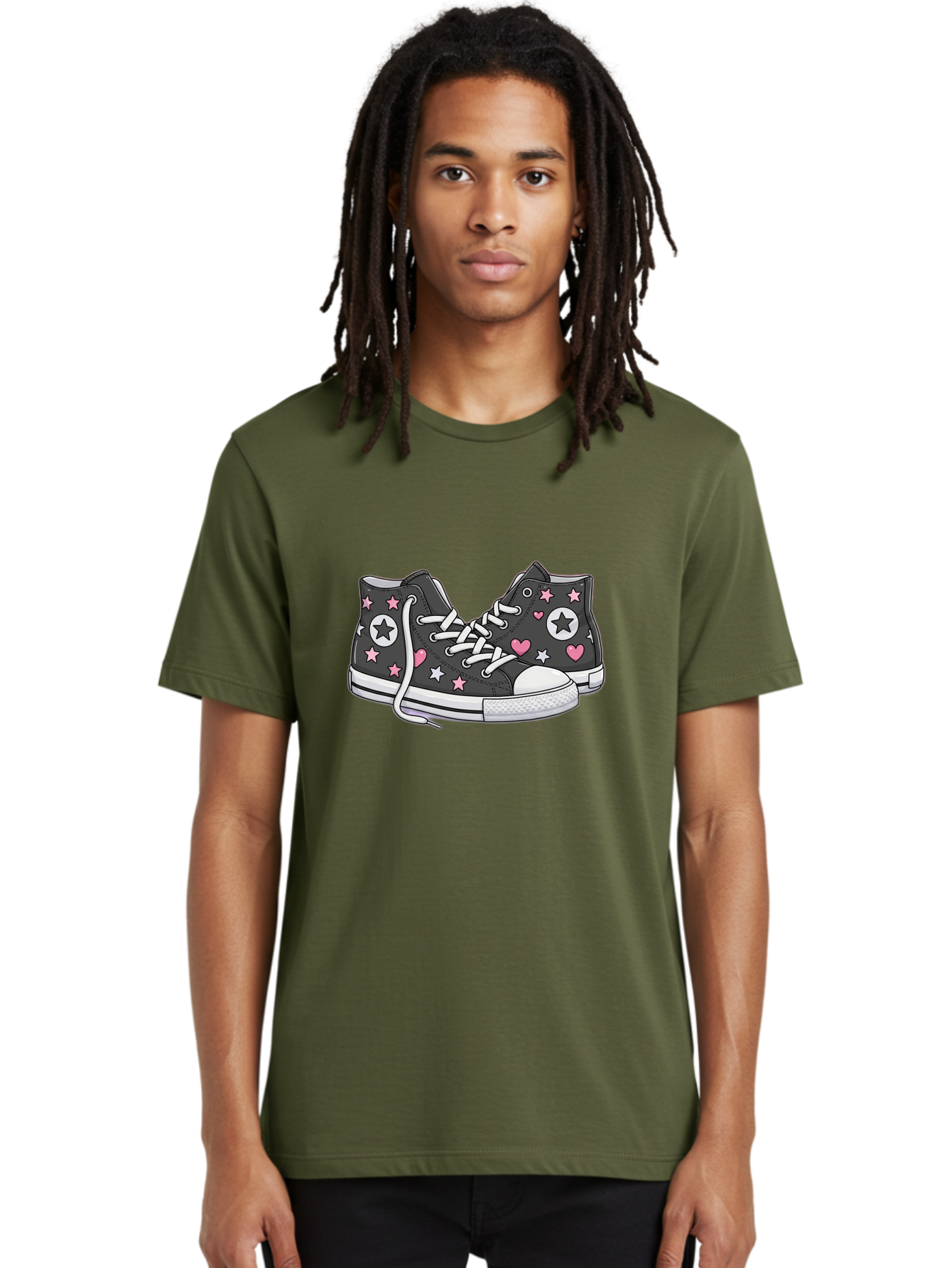 Sneakers-With-Stars-And-Hearts Men'S Graphic Tee, 100% Cotton, Comfortable Casual Summer Wear, Machine Washable, Custom Sneakers, Star And Heart Designs, Fashion Footwear, Casual Wear, Pink And White Accents, Sneaker Art, Street Style, Bab432