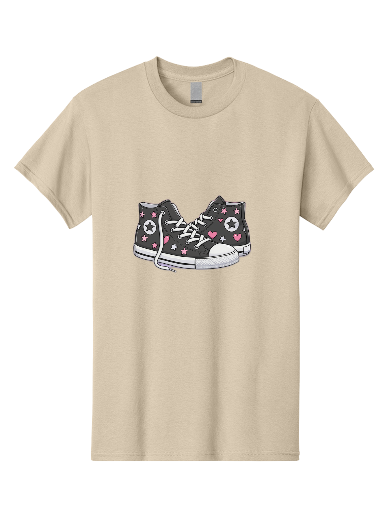 Sneakers-With-Stars-And-Hearts Men'S Graphic Tee, 100% Cotton, Comfortable Casual Summer Wear, Machine Washable, Custom Sneakers, Star And Heart Designs, Fashion Footwear, Casual Wear, Pink And White Accents, Sneaker Art, Street Style, Bab432