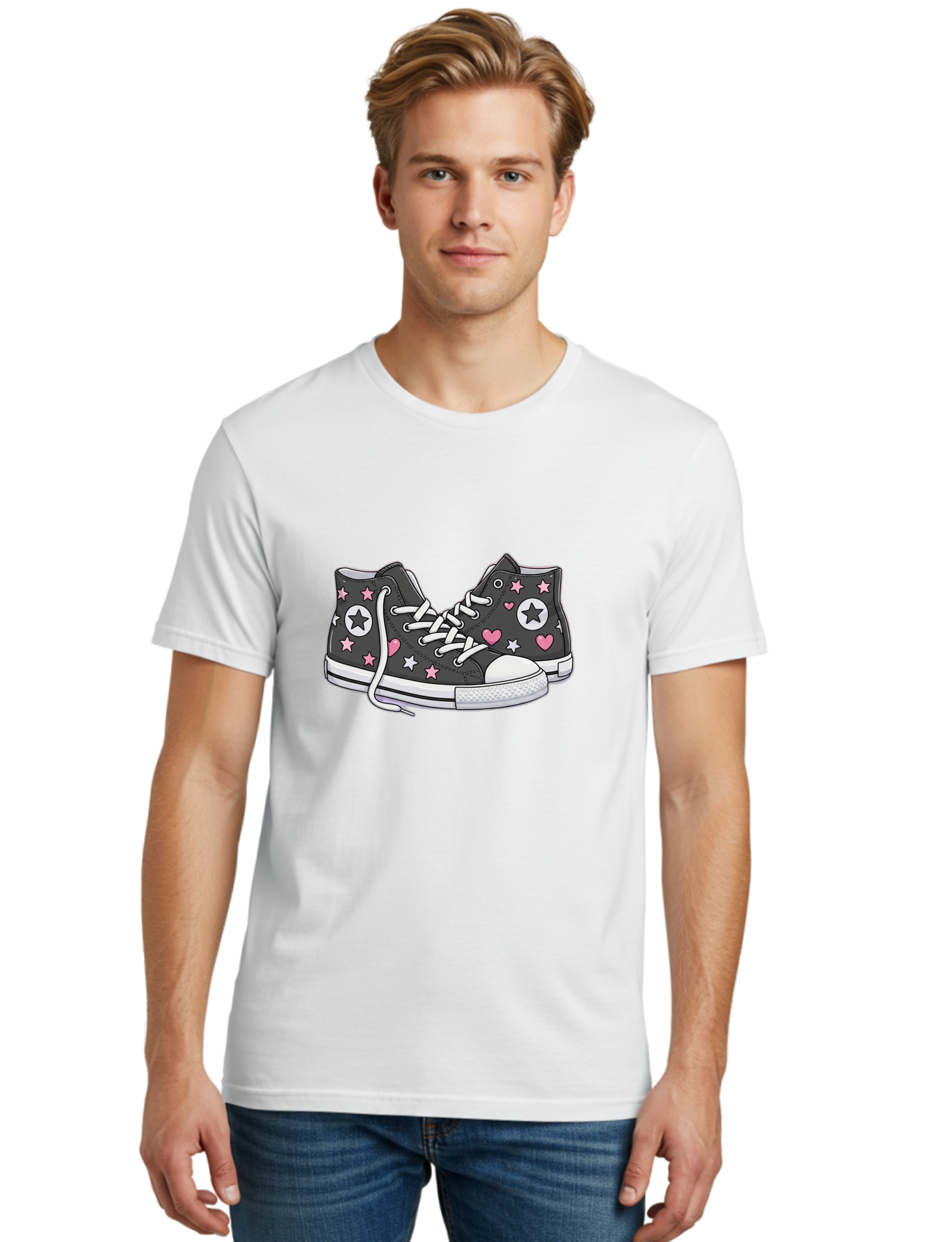 Sneakers-With-Stars-And-Hearts Men'S Graphic Tee, 100% Cotton, Comfortable Casual Summer Wear, Machine Washable, Custom Sneakers, Star And Heart Designs, Fashion Footwear, Casual Wear, Pink And White Accents, Sneaker Art, Street Style, Bab432
