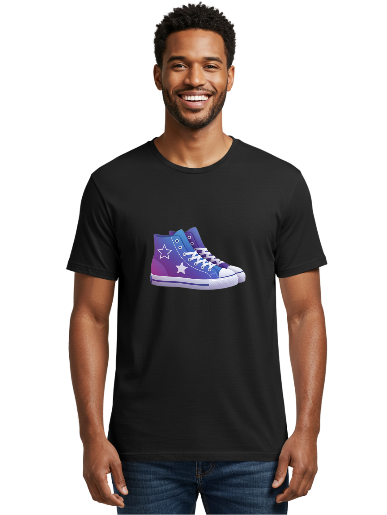 Sneakers-With-Stars Men'S Graphic Tee, 100% Cotton, Comfortable Casual Summer Wear, Machine Washable, Sneakers With Star Design, Purple Sneakers, Blue Sneakers, White Laces, Gradient Effect, Colorful Footwear, Streetwear Style, Casual Shoes, Bab433