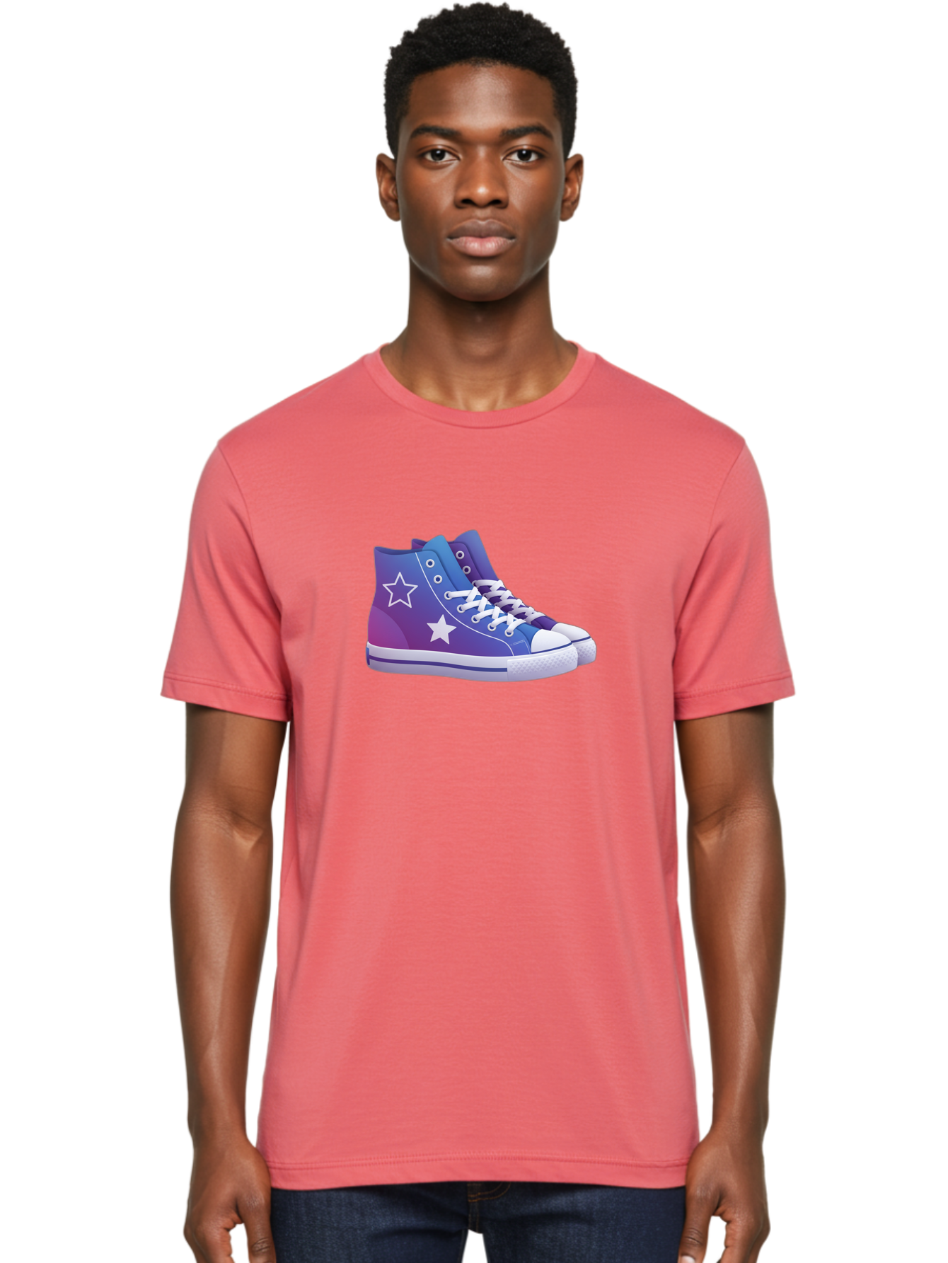 Sneakers-With-Stars Men'S Graphic Tee, 100% Cotton, Comfortable Casual Summer Wear, Machine Washable, Sneakers With Star Design, Purple Sneakers, Blue Sneakers, White Laces, Gradient Effect, Colorful Footwear, Streetwear Style, Casual Shoes, Bab433