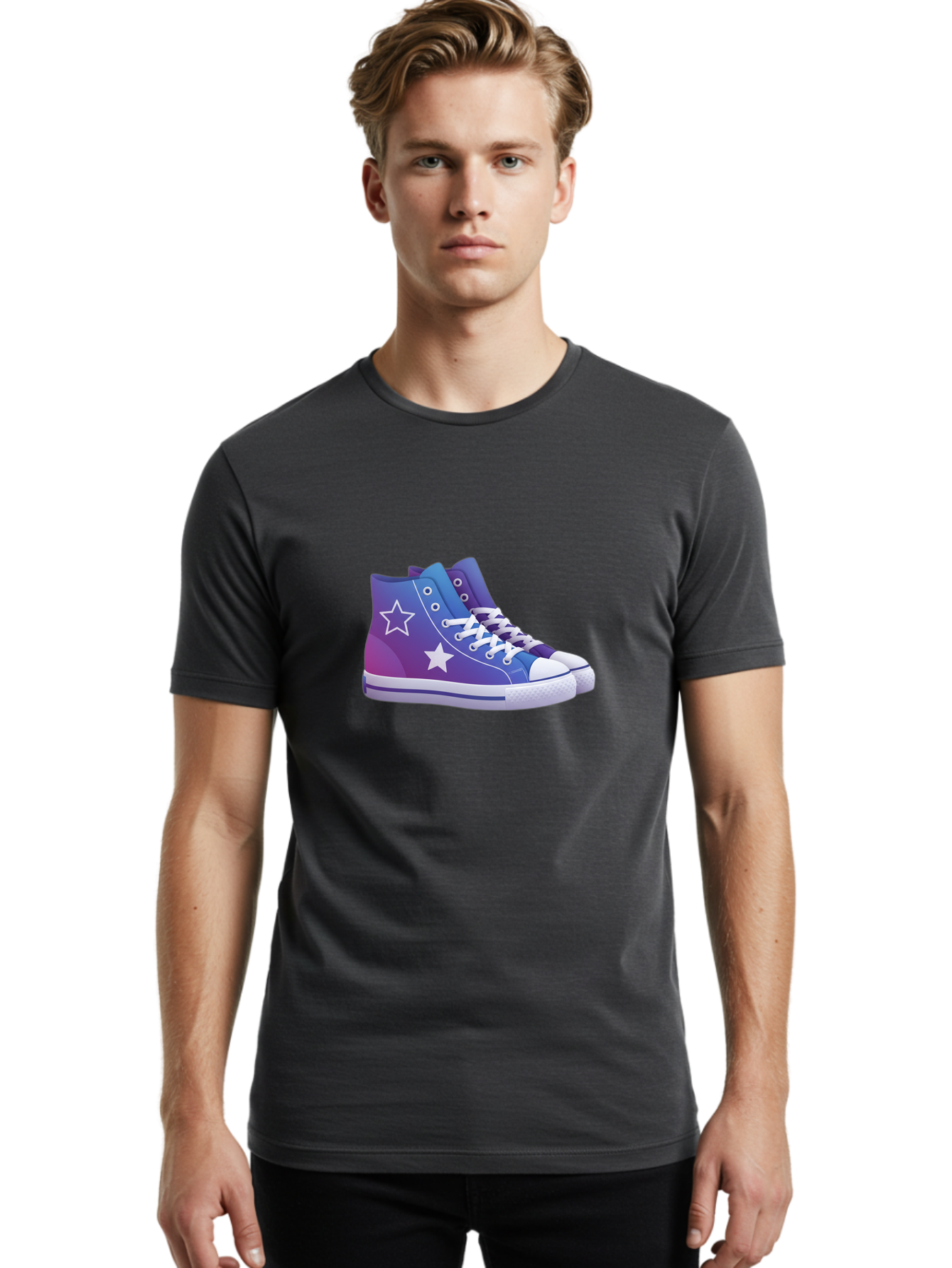 Sneakers-With-Stars Men'S Graphic Tee, 100% Cotton, Comfortable Casual Summer Wear, Machine Washable, Sneakers With Star Design, Purple Sneakers, Blue Sneakers, White Laces, Gradient Effect, Colorful Footwear, Streetwear Style, Casual Shoes, Bab433