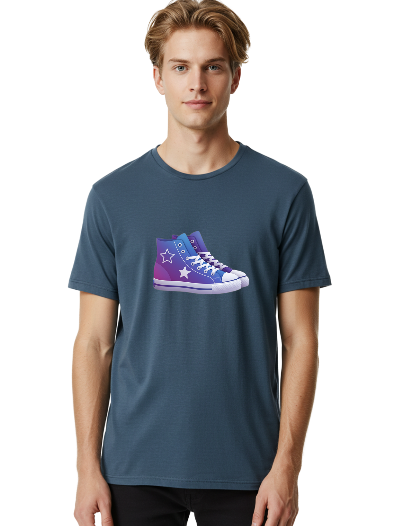 Sneakers-With-Stars Men'S Graphic Tee, 100% Cotton, Comfortable Casual Summer Wear, Machine Washable, Sneakers With Star Design, Purple Sneakers, Blue Sneakers, White Laces, Gradient Effect, Colorful Footwear, Streetwear Style, Casual Shoes, Bab433