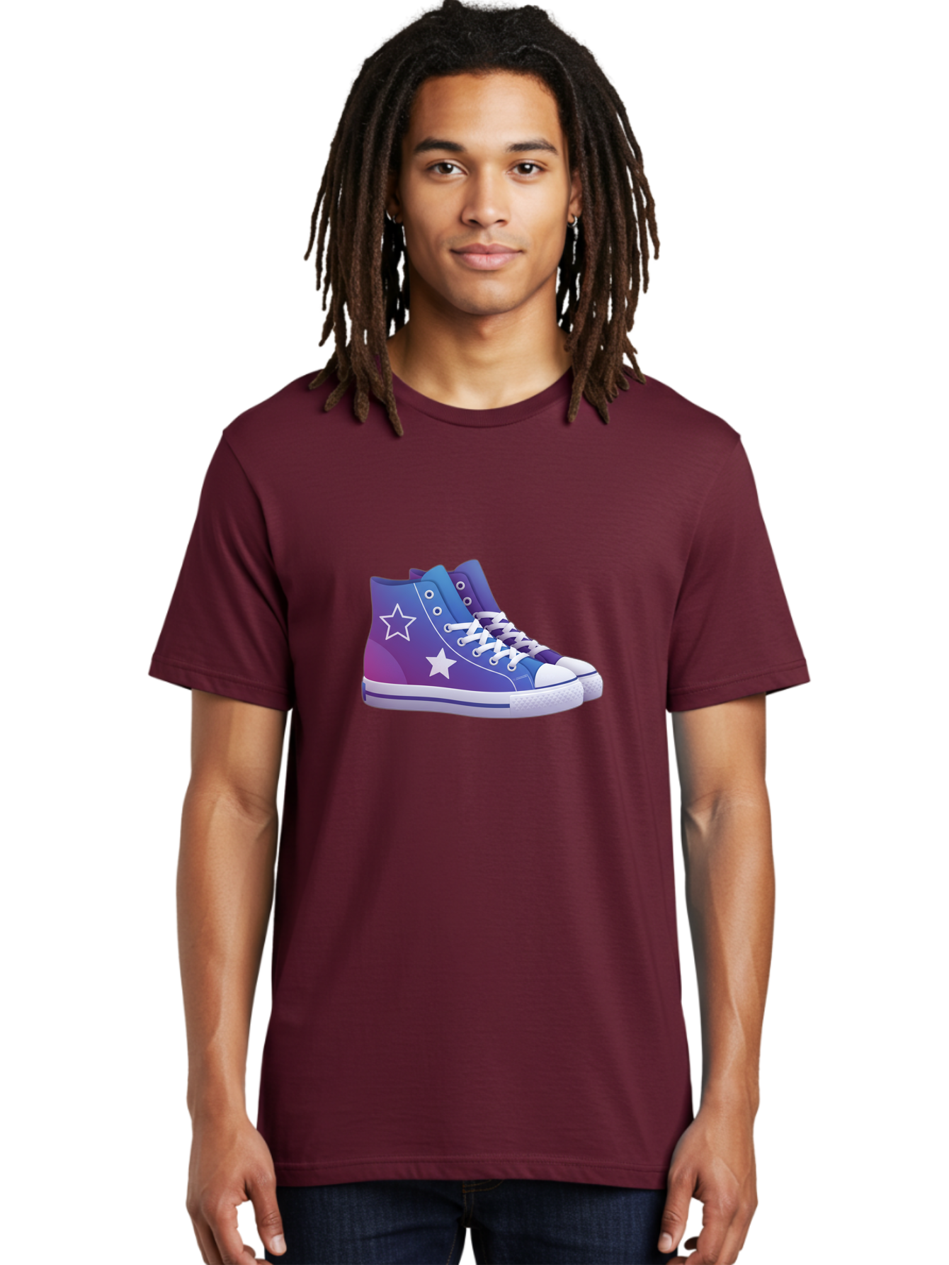 Sneakers-With-Stars Men'S Graphic Tee, 100% Cotton, Comfortable Casual Summer Wear, Machine Washable, Sneakers With Star Design, Purple Sneakers, Blue Sneakers, White Laces, Gradient Effect, Colorful Footwear, Streetwear Style, Casual Shoes, Bab433