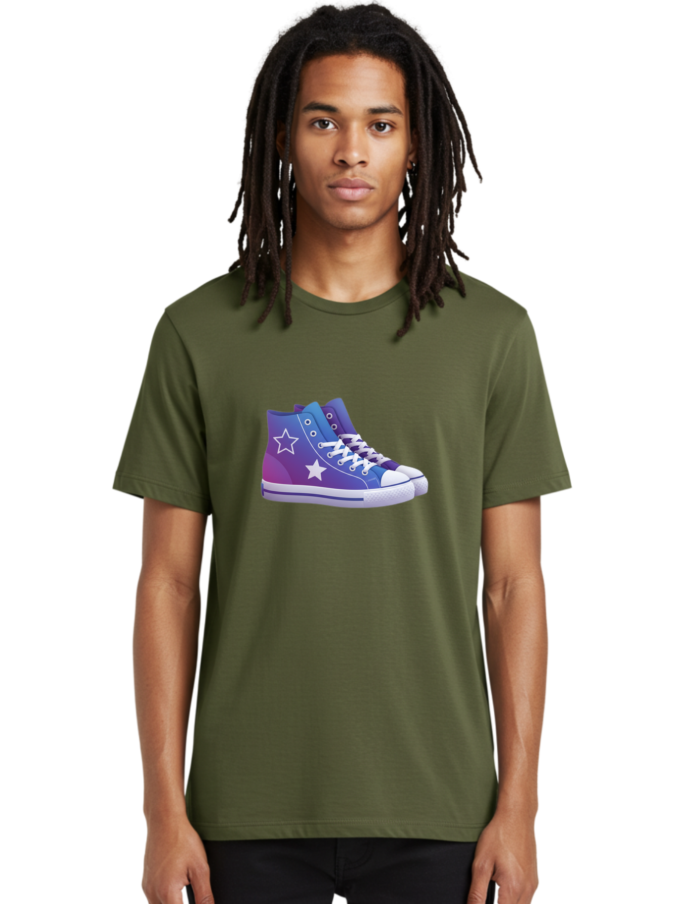 Sneakers-With-Stars Men'S Graphic Tee, 100% Cotton, Comfortable Casual Summer Wear, Machine Washable, Sneakers With Star Design, Purple Sneakers, Blue Sneakers, White Laces, Gradient Effect, Colorful Footwear, Streetwear Style, Casual Shoes, Bab433
