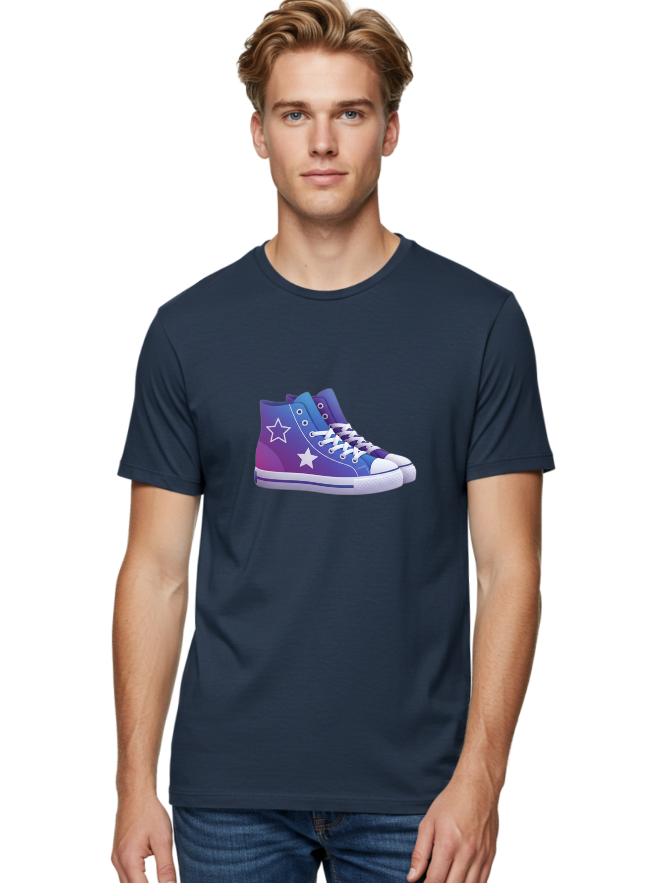 Sneakers-With-Stars Men'S Graphic Tee, 100% Cotton, Comfortable Casual Summer Wear, Machine Washable, Sneakers With Star Design, Purple Sneakers, Blue Sneakers, White Laces, Gradient Effect, Colorful Footwear, Streetwear Style, Casual Shoes, Bab433