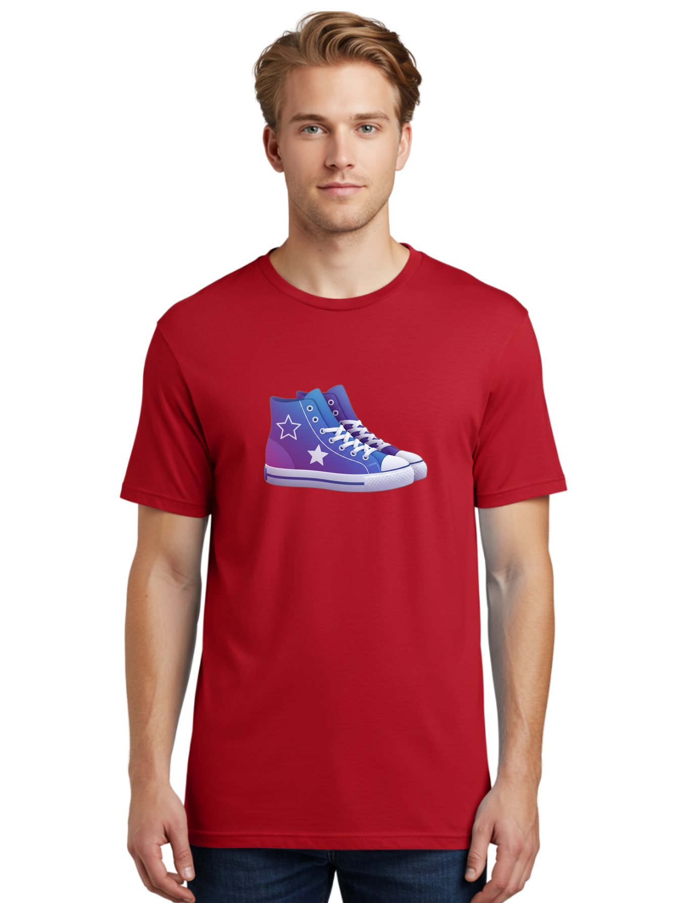 Sneakers-With-Stars Men'S Graphic Tee, 100% Cotton, Comfortable Casual Summer Wear, Machine Washable, Sneakers With Star Design, Purple Sneakers, Blue Sneakers, White Laces, Gradient Effect, Colorful Footwear, Streetwear Style, Casual Shoes, Bab433
