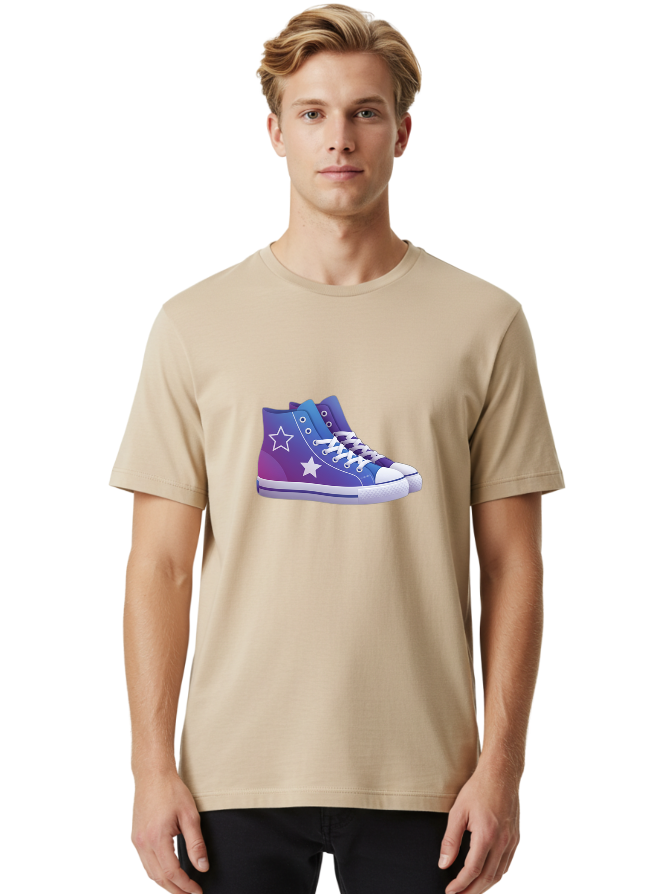 Sneakers-With-Stars Men'S Graphic Tee, 100% Cotton, Comfortable Casual Summer Wear, Machine Washable, Sneakers With Star Design, Purple Sneakers, Blue Sneakers, White Laces, Gradient Effect, Colorful Footwear, Streetwear Style, Casual Shoes, Bab433