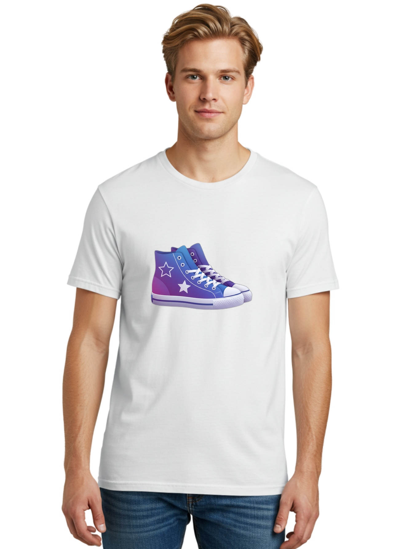Sneakers-With-Stars Men'S Graphic Tee, 100% Cotton, Comfortable Casual Summer Wear, Machine Washable, Sneakers With Star Design, Purple Sneakers, Blue Sneakers, White Laces, Gradient Effect, Colorful Footwear, Streetwear Style, Casual Shoes, Bab433