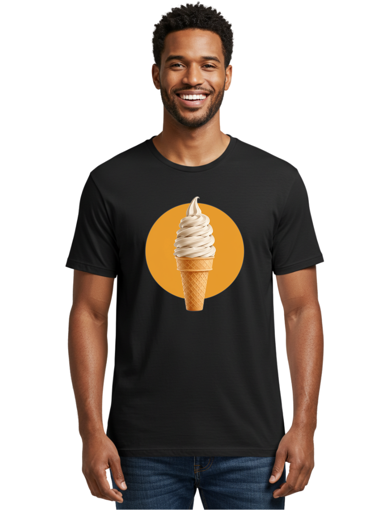 Soft-Serve-Ice-Cream-Cone-1 Men'S Graphic Tee, 100% Cotton, Comfortable Casual Summer Wear, Machine Washable, Soft Serve Ice Cream, Ice Cream Cone, Waffle Cone, Vanilla Ice Cream, Swirly Ice Cream, Summer Treats, Dessert, Sweet Tooth, Bab434