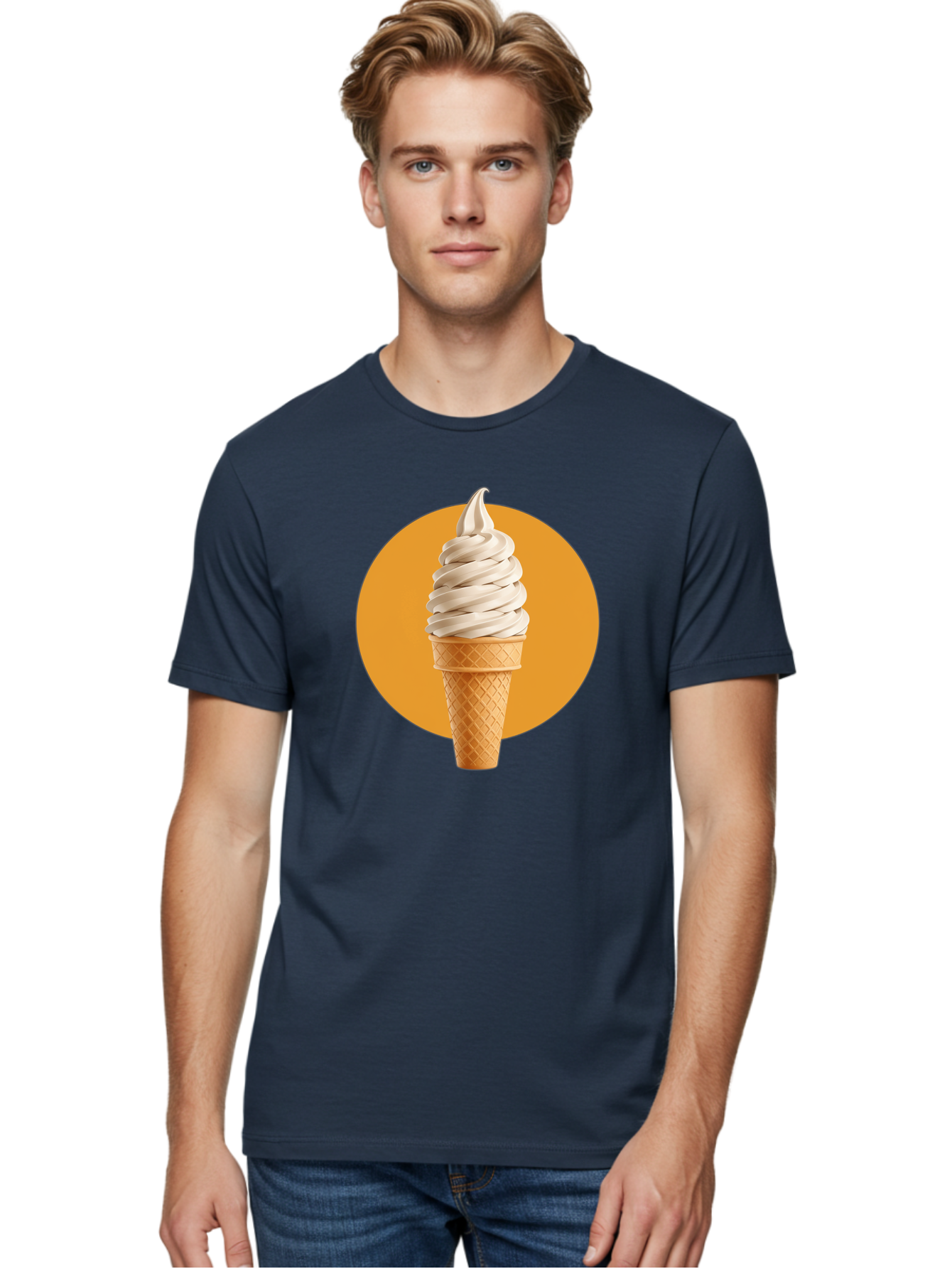 Soft-Serve-Ice-Cream-Cone-1 Men'S Graphic Tee, 100% Cotton, Comfortable Casual Summer Wear, Machine Washable, Soft Serve Ice Cream, Ice Cream Cone, Waffle Cone, Vanilla Ice Cream, Swirly Ice Cream, Summer Treats, Dessert, Sweet Tooth, Bab434