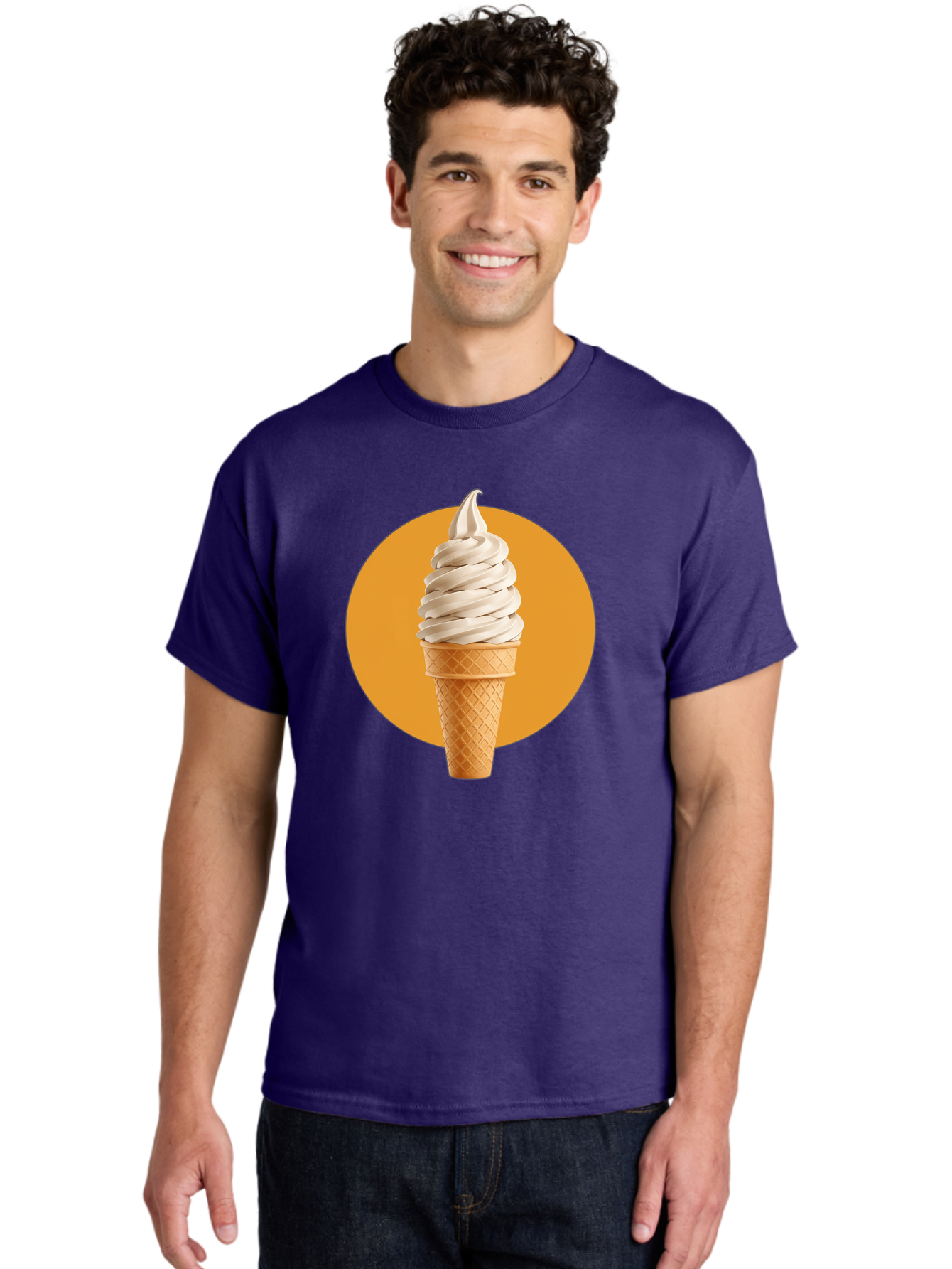 Soft-Serve-Ice-Cream-Cone-1 Men'S Graphic Tee, 100% Cotton, Comfortable Casual Summer Wear, Machine Washable, Soft Serve Ice Cream, Ice Cream Cone, Waffle Cone, Vanilla Ice Cream, Swirly Ice Cream, Summer Treats, Dessert, Sweet Tooth, Bab434