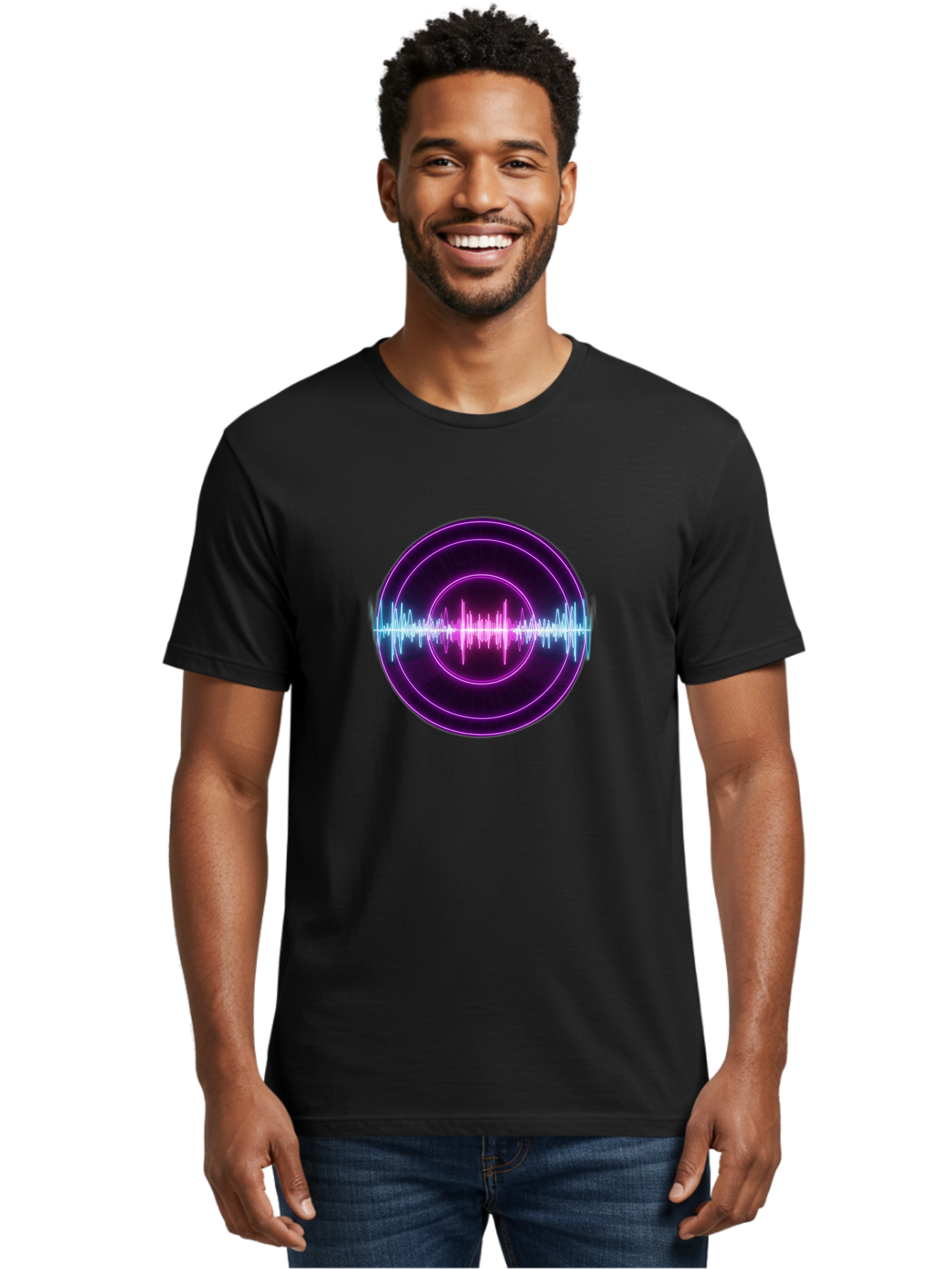 Sound-Wave Men'S Graphic Tee, 100% Cotton, Comfortable Casual Summer Wear, Machine Washable, Sound Wave, Audio Signal, Purple Neon Lights, Futuristic Design, Music Visualizer, Waveform Graphic, Digital Art, Glowing Effect Bab439