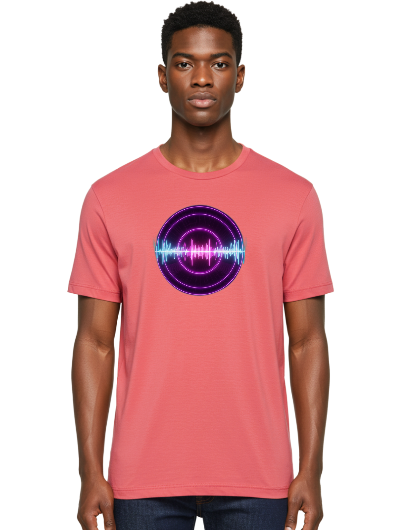 Sound-Wave Men'S Graphic Tee, 100% Cotton, Comfortable Casual Summer Wear, Machine Washable, Sound Wave, Audio Signal, Purple Neon Lights, Futuristic Design, Music Visualizer, Waveform Graphic, Digital Art, Glowing Effect Bab439