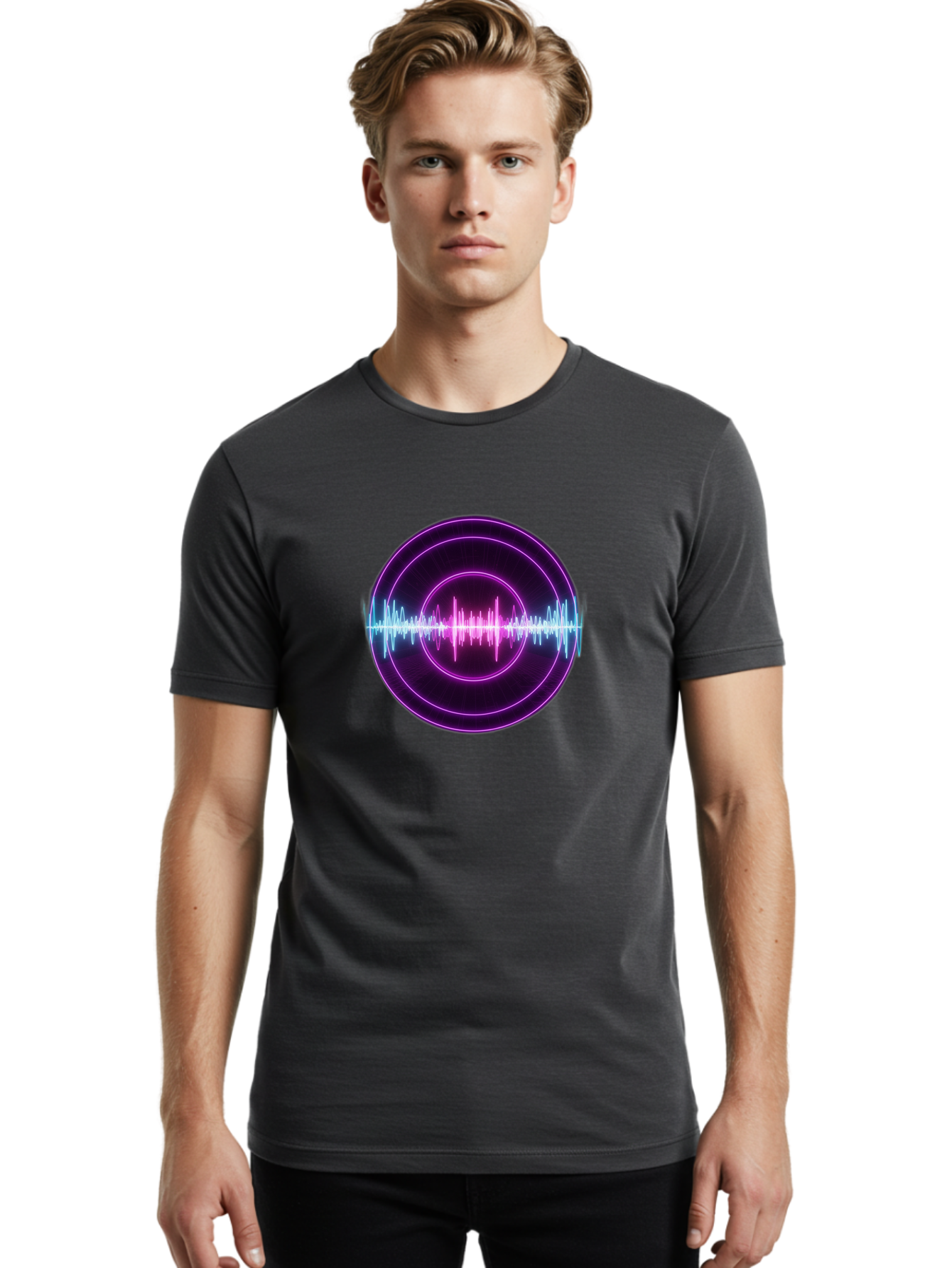 Sound-Wave Men'S Graphic Tee, 100% Cotton, Comfortable Casual Summer Wear, Machine Washable, Sound Wave, Audio Signal, Purple Neon Lights, Futuristic Design, Music Visualizer, Waveform Graphic, Digital Art, Glowing Effect Bab439