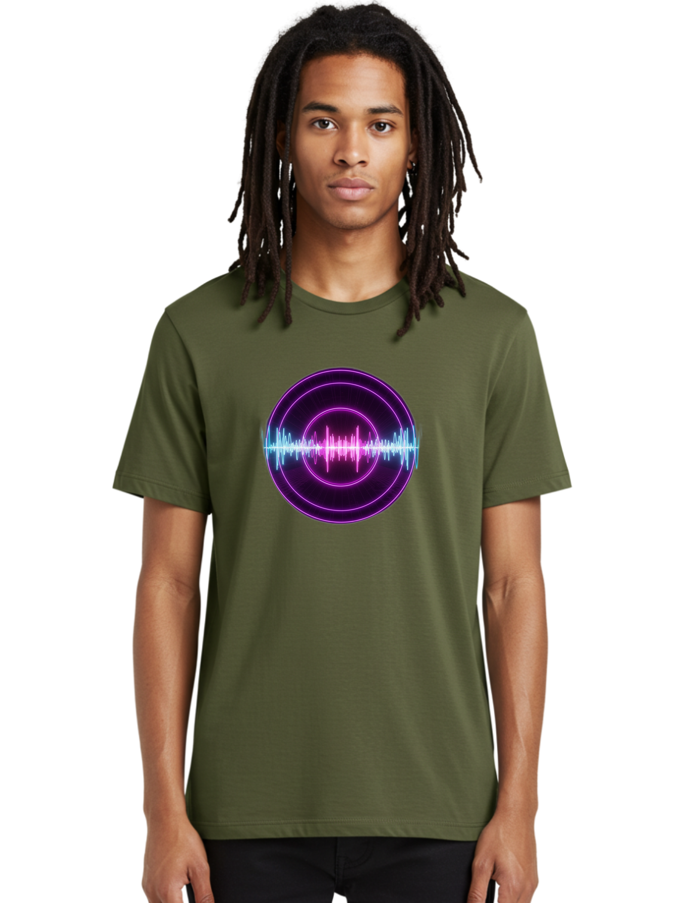 Sound-Wave Men'S Graphic Tee, 100% Cotton, Comfortable Casual Summer Wear, Machine Washable, Sound Wave, Audio Signal, Purple Neon Lights, Futuristic Design, Music Visualizer, Waveform Graphic, Digital Art, Glowing Effect Bab439