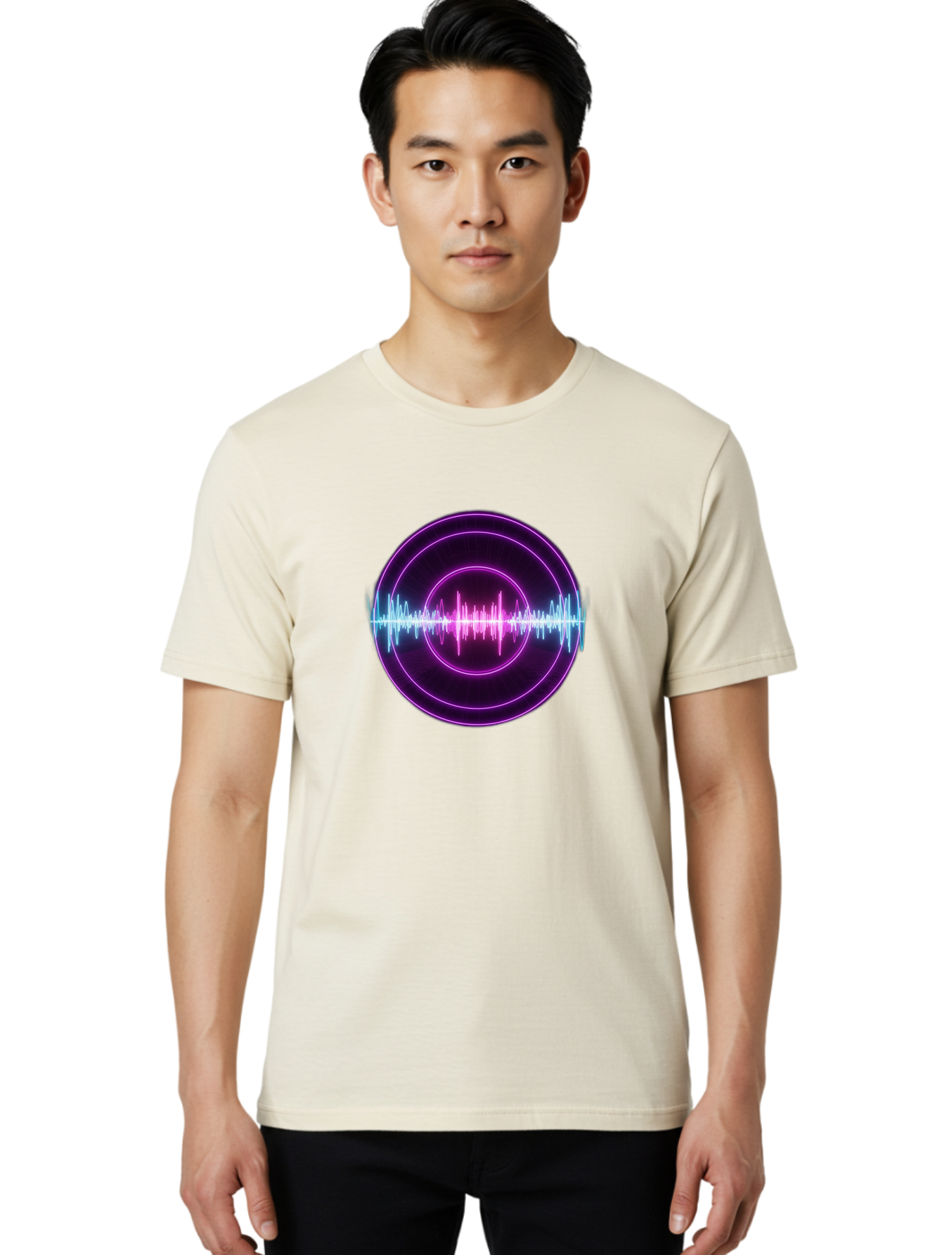 Sound-Wave Men'S Graphic Tee, 100% Cotton, Comfortable Casual Summer Wear, Machine Washable, Sound Wave, Audio Signal, Purple Neon Lights, Futuristic Design, Music Visualizer, Waveform Graphic, Digital Art, Glowing Effect Bab439