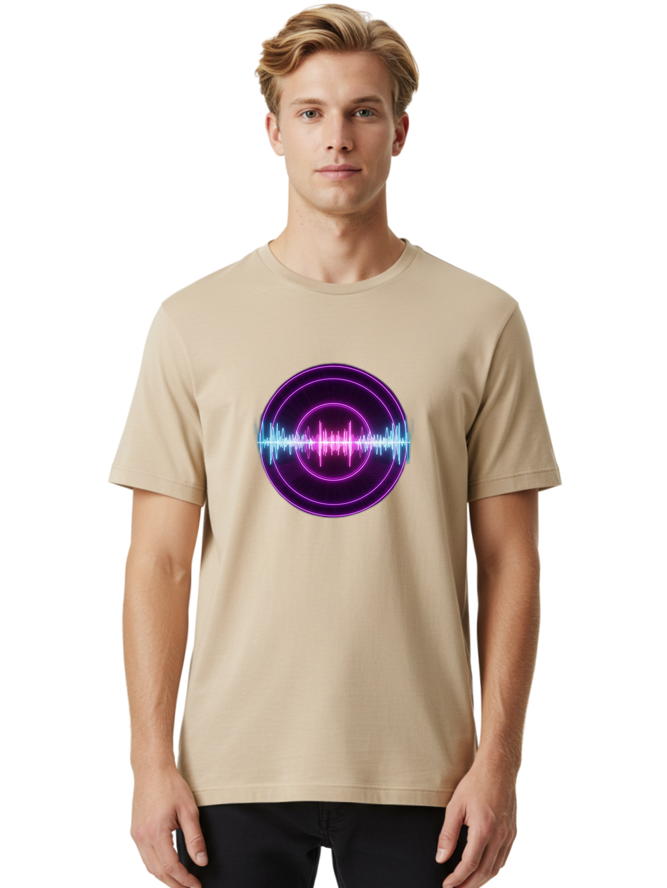 Sound-Wave Men'S Graphic Tee, 100% Cotton, Comfortable Casual Summer Wear, Machine Washable, Sound Wave, Audio Signal, Purple Neon Lights, Futuristic Design, Music Visualizer, Waveform Graphic, Digital Art, Glowing Effect Bab439