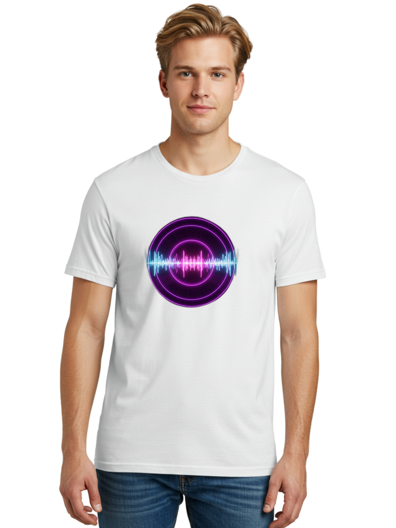 Sound-Wave Men'S Graphic Tee, 100% Cotton, Comfortable Casual Summer Wear, Machine Washable, Sound Wave, Audio Signal, Purple Neon Lights, Futuristic Design, Music Visualizer, Waveform Graphic, Digital Art, Glowing Effect Bab439