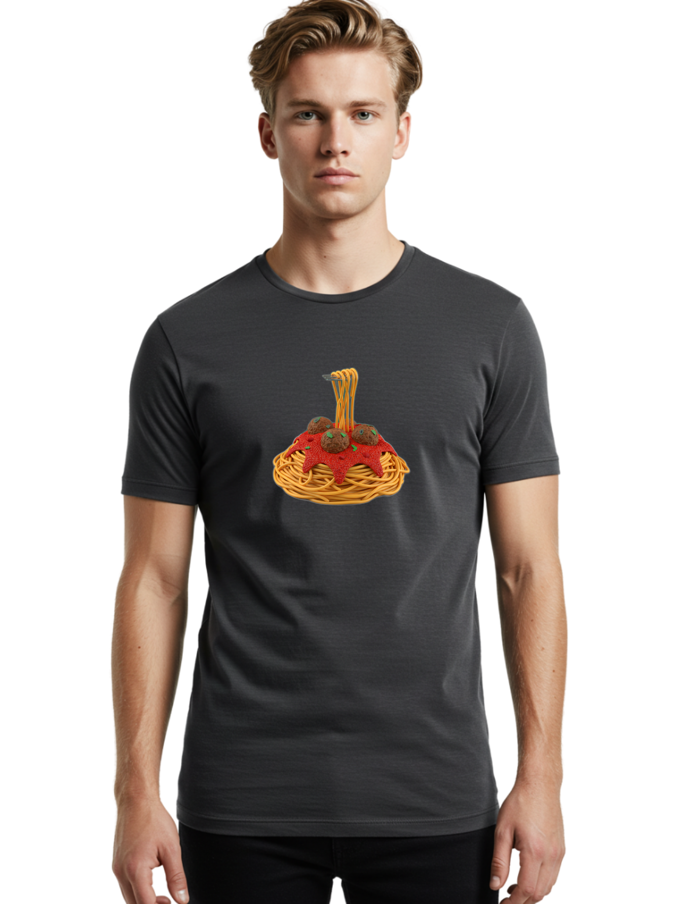 Spaghetti-And-Meatballs Men'S Graphic Tee, 100% Cotton, Comfortable Casual Summer Wear, Machine Washable, Spaghetti With Meatballs, Red Sauce, Italian Cuisine, Pasta Dish, Meatballs, Tomato Sauce, Italian Food, Savory Meal Bab440