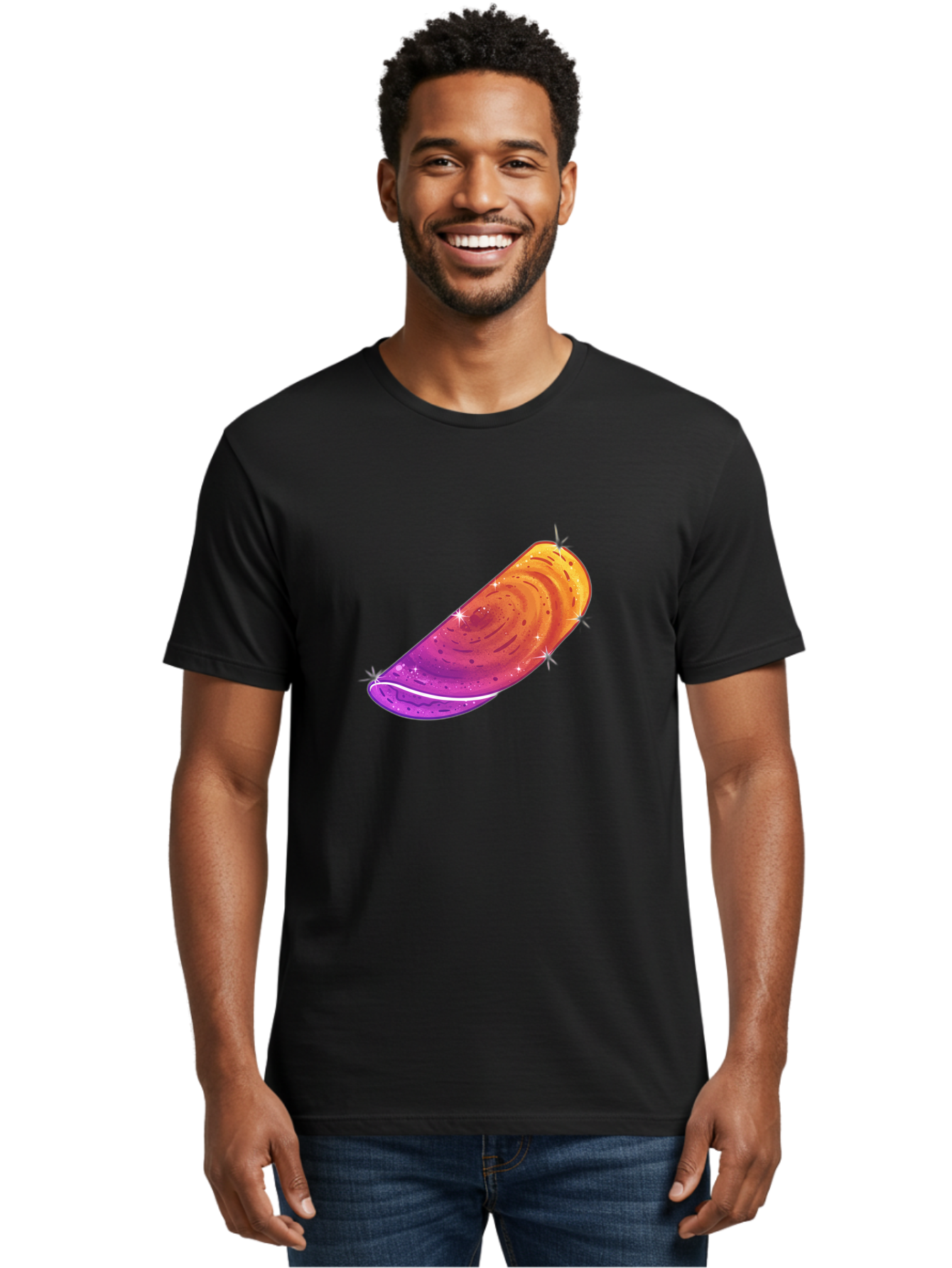 Sparkling-Dosa Men'S Graphic Tee, 100% Cotton, Comfortable Casual Summer Wear, Machine Washable, Vibrant Purple And Orange Design, Swirling Patterns, Shiny Surface, Sparkles, Mesmerizing Graphics, Abstract Art, Colorful Illustration, Bab442