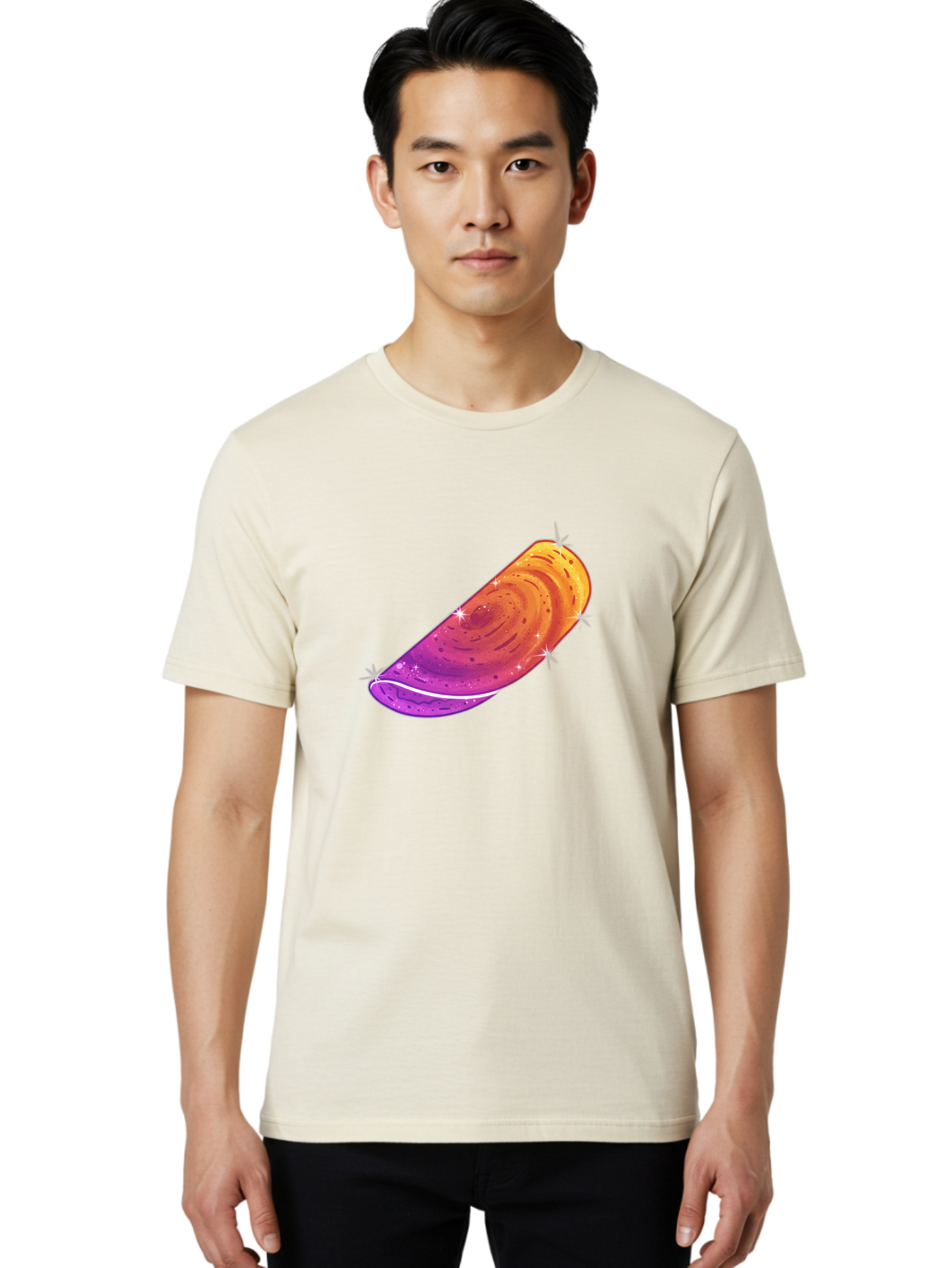 Sparkling-Dosa Men'S Graphic Tee, 100% Cotton, Comfortable Casual Summer Wear, Machine Washable, Vibrant Purple And Orange Design, Swirling Patterns, Shiny Surface, Sparkles, Mesmerizing Graphics, Abstract Art, Colorful Illustration, Bab442
