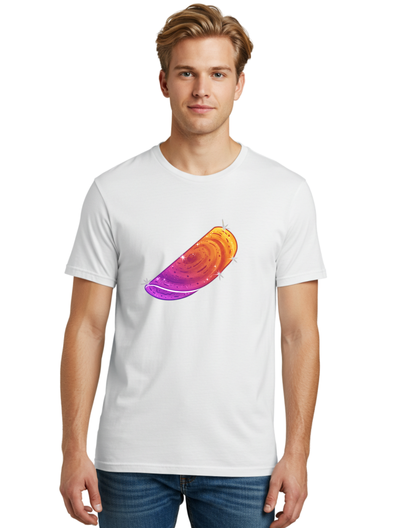 Sparkling-Dosa Men'S Graphic Tee, 100% Cotton, Comfortable Casual Summer Wear, Machine Washable, Vibrant Purple And Orange Design, Swirling Patterns, Shiny Surface, Sparkles, Mesmerizing Graphics, Abstract Art, Colorful Illustration, Bab442