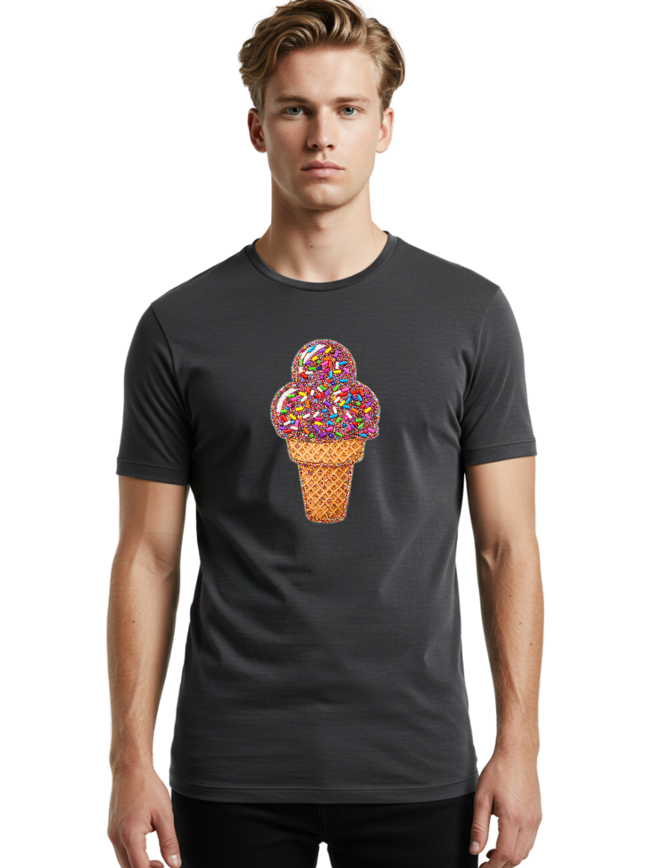 Sprinkle-Ice-Cream-Cone-1 Men'S Graphic Tee, 100% Cotton, Comfortable Casual Summer Wear, Machine Washable, Colorful Sprinkles, Ice Cream, Sweet Treats, Dessert, Waffle Cone, Rainbow Colors, Sprinkles Overload, Fun Snack, Sweet Delight, Candy, Bab443