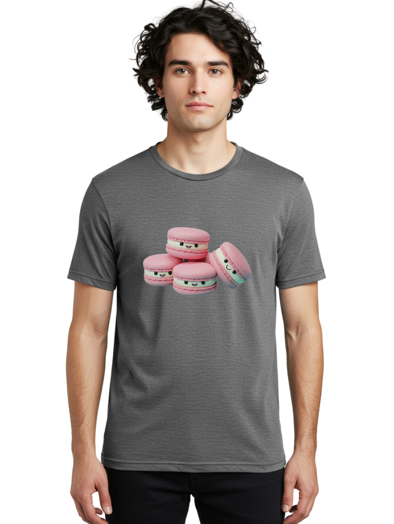 Squishy-Macarons Men'S Graphic Tee, 100% Cotton, Comfortable Casual Summer Wear, Machine Washable, Pink Macarons, Smiling Faces, Cute Desserts, Stack Of Macaroons, Sweet Treats, Adorable Faces, Tasty Macarons, Dessert Lovers, Kawaii Food Bab445