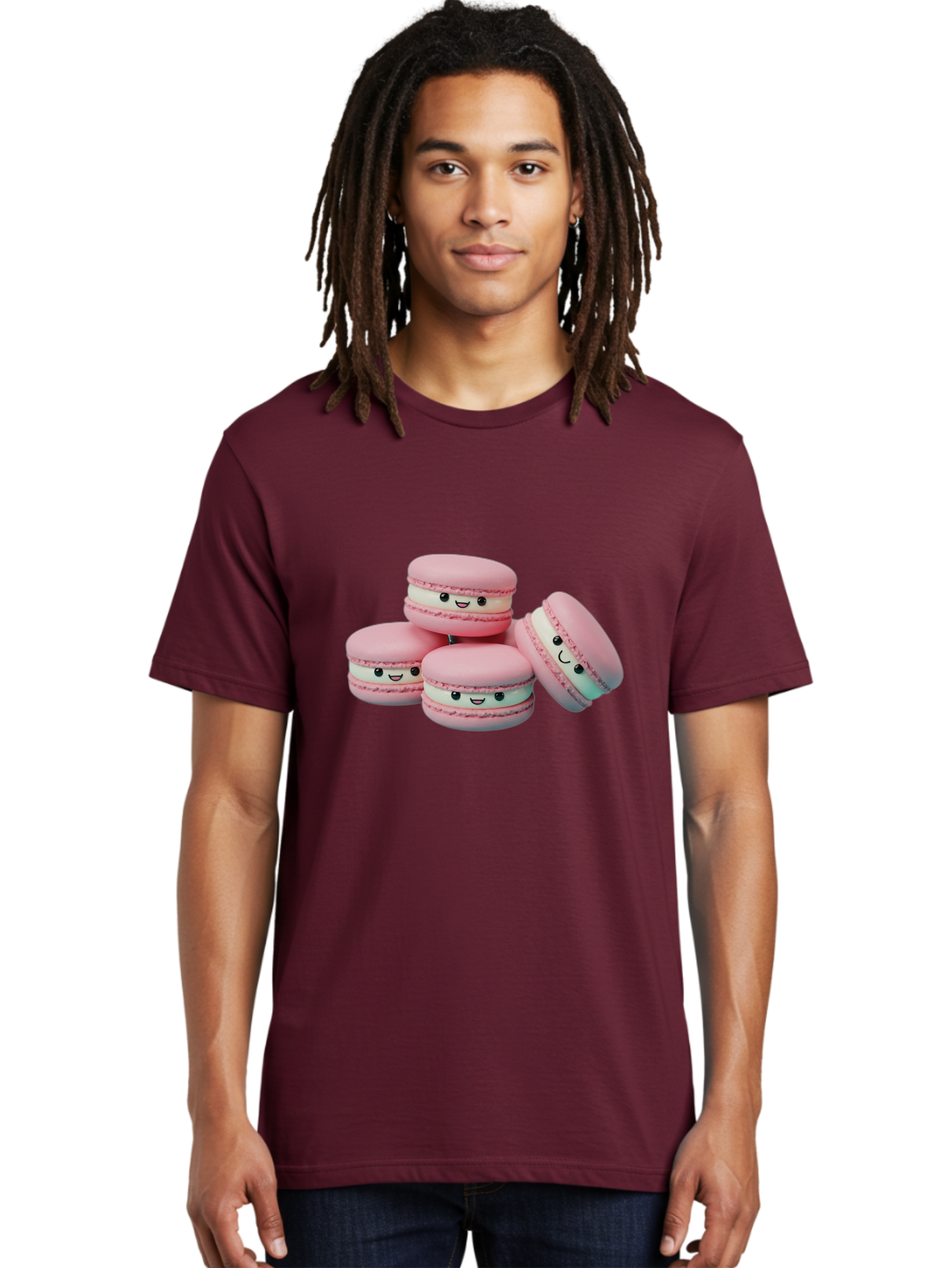 Squishy-Macarons Men'S Graphic Tee, 100% Cotton, Comfortable Casual Summer Wear, Machine Washable, Pink Macarons, Smiling Faces, Cute Desserts, Stack Of Macaroons, Sweet Treats, Adorable Faces, Tasty Macarons, Dessert Lovers, Kawaii Food Bab445