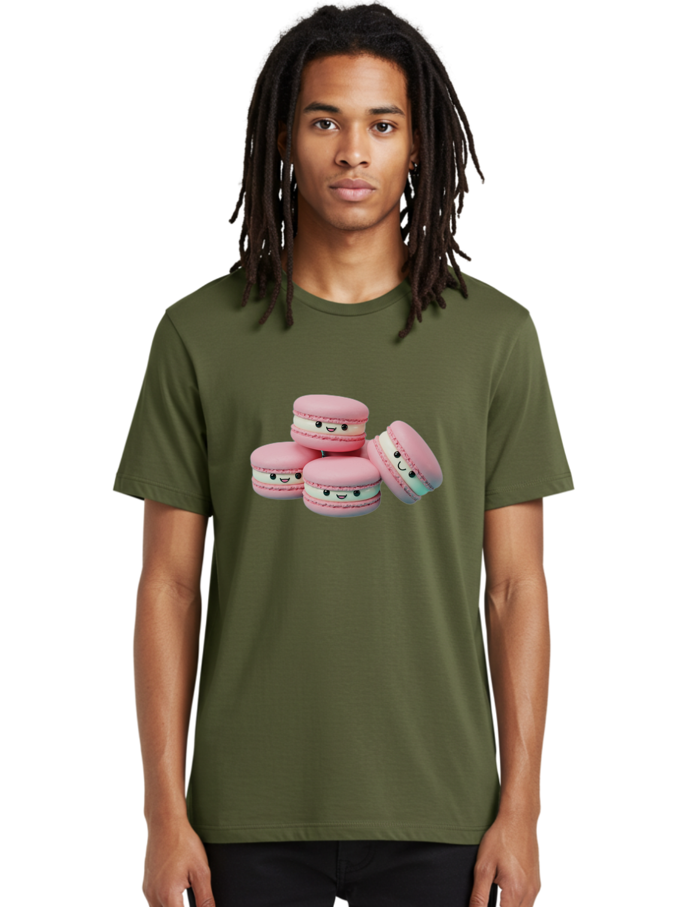Squishy-Macarons Men'S Graphic Tee, 100% Cotton, Comfortable Casual Summer Wear, Machine Washable, Pink Macarons, Smiling Faces, Cute Desserts, Stack Of Macaroons, Sweet Treats, Adorable Faces, Tasty Macarons, Dessert Lovers, Kawaii Food Bab445