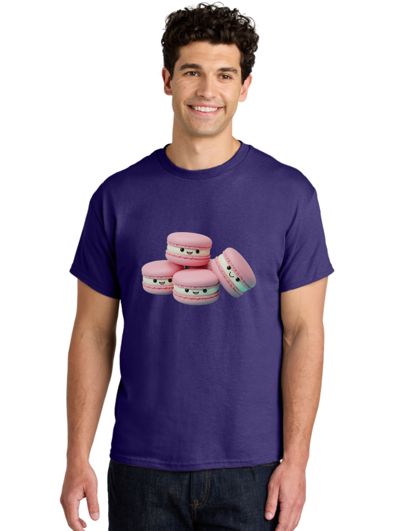 Squishy-Macarons Men'S Graphic Tee, 100% Cotton, Comfortable Casual Summer Wear, Machine Washable, Pink Macarons, Smiling Faces, Cute Desserts, Stack Of Macaroons, Sweet Treats, Adorable Faces, Tasty Macarons, Dessert Lovers, Kawaii Food Bab445