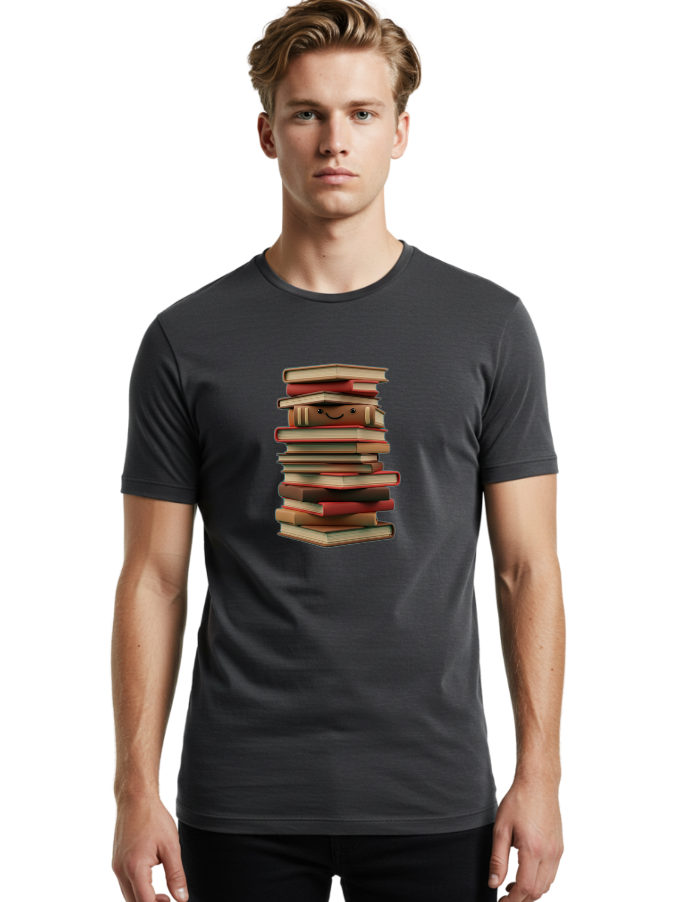 Stack-Of-Books Men'S Graphic Tee, 100% Cotton, Comfortable Casual Summer Wear, Machine Washable, Pile Of Books, Book Stack, Reading Material, Learning Resources, Education, Knowledge, Literature, Novel, Textbook, Happy Book Bab446