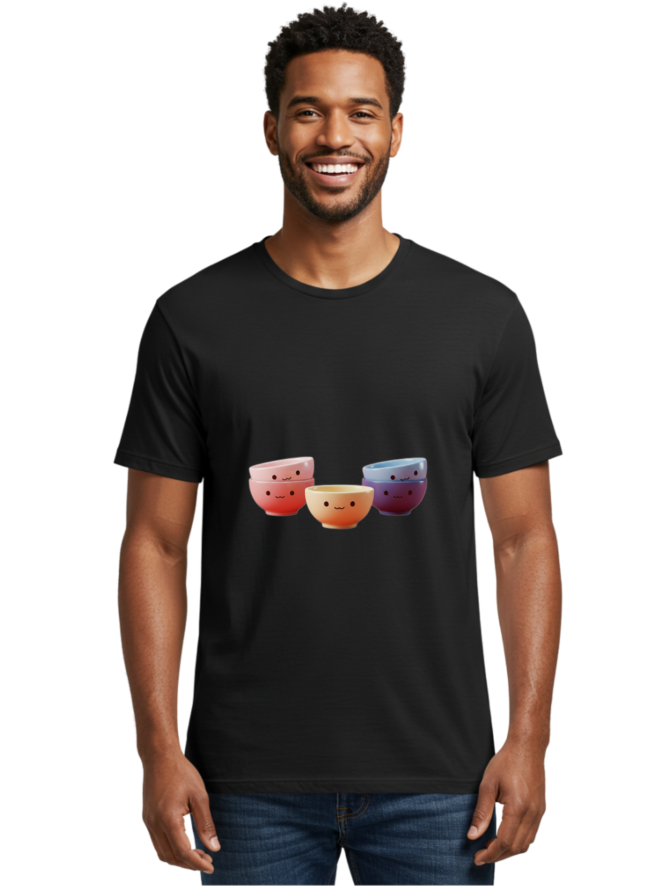 Stacked-Bowls-1 Men'S Graphic Tee, 100% Cotton, Comfortable Casual Summer Wear, Machine Washable, Ceramic Bowls, Smiling Faces, Colorful Dinnerware, Pastel Colors, Happy Kitchen Accessories, Table Setting, Cute Home Decor, Unique Gift Ideas Bab447