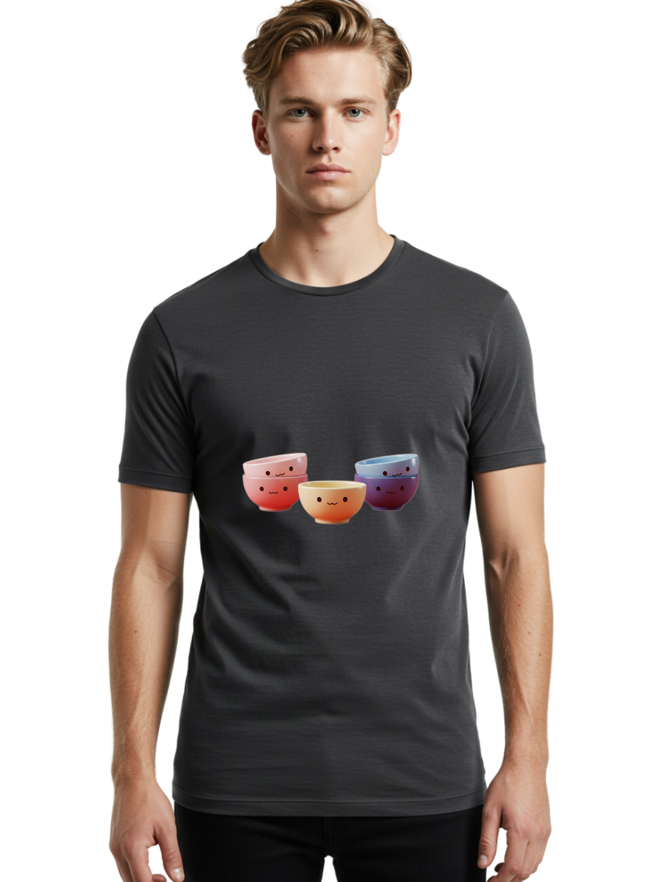 Stacked-Bowls-1 Men'S Graphic Tee, 100% Cotton, Comfortable Casual Summer Wear, Machine Washable, Ceramic Bowls, Smiling Faces, Colorful Dinnerware, Pastel Colors, Happy Kitchen Accessories, Table Setting, Cute Home Decor, Unique Gift Ideas Bab447