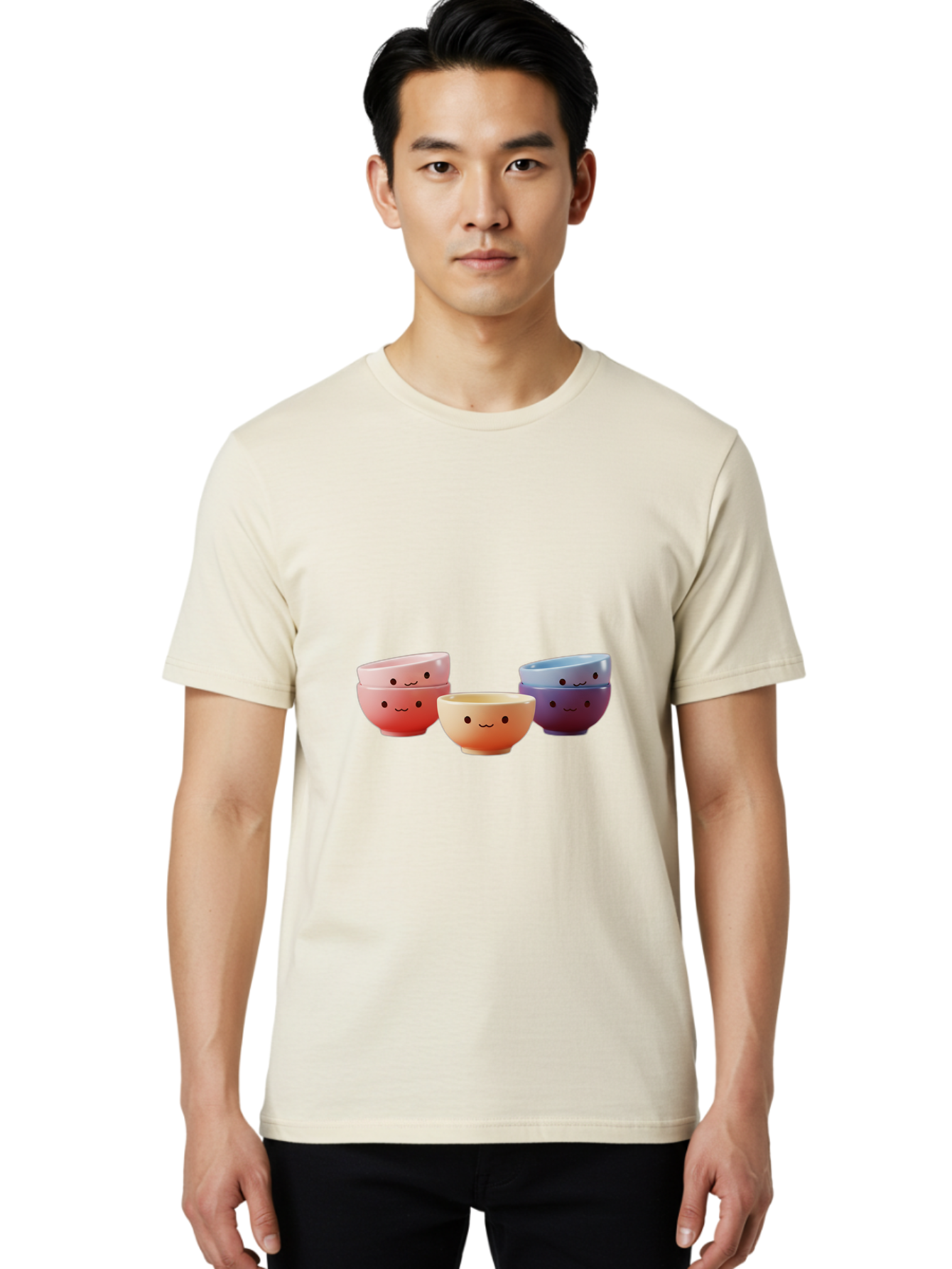 Stacked-Bowls-1 Men'S Graphic Tee, 100% Cotton, Comfortable Casual Summer Wear, Machine Washable, Ceramic Bowls, Smiling Faces, Colorful Dinnerware, Pastel Colors, Happy Kitchen Accessories, Table Setting, Cute Home Decor, Unique Gift Ideas Bab447
